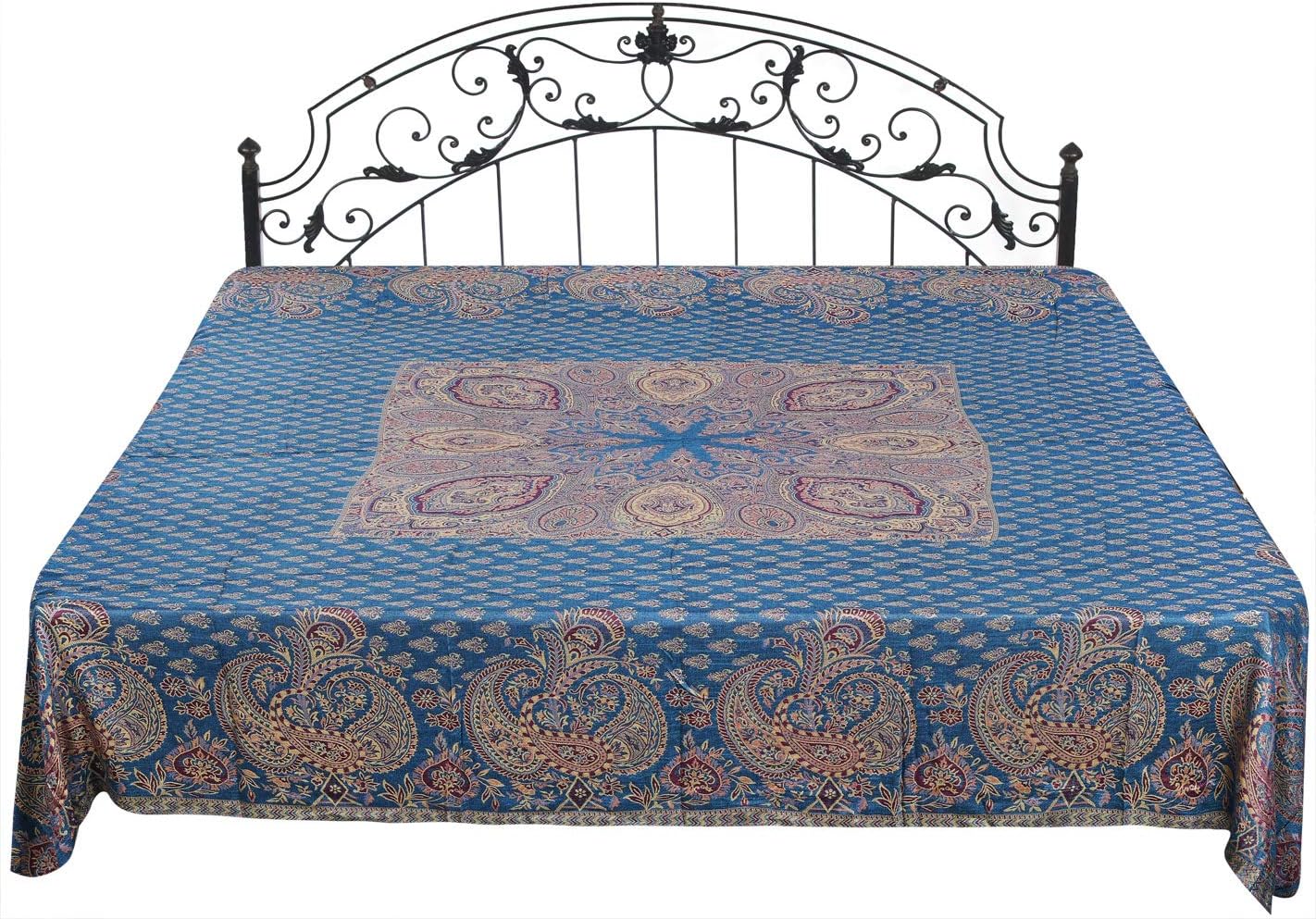 Exotic India Cyan-Blue Reversible Jamawar Bedspread from Amritsar with Woven Paisleys - Rayon