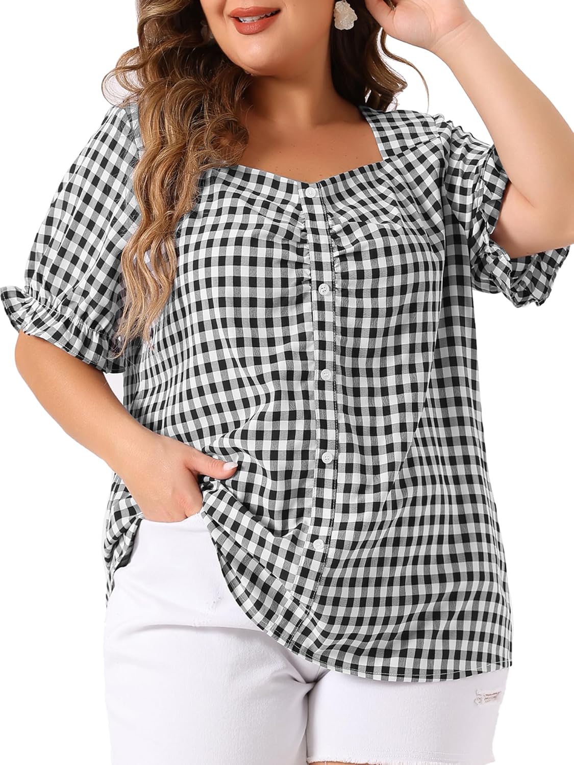 Agnes Orinda Women's Plus Size Gingham Tops 1950s Sweetheart Neck Flounce Sleeve Summer Blouse Top