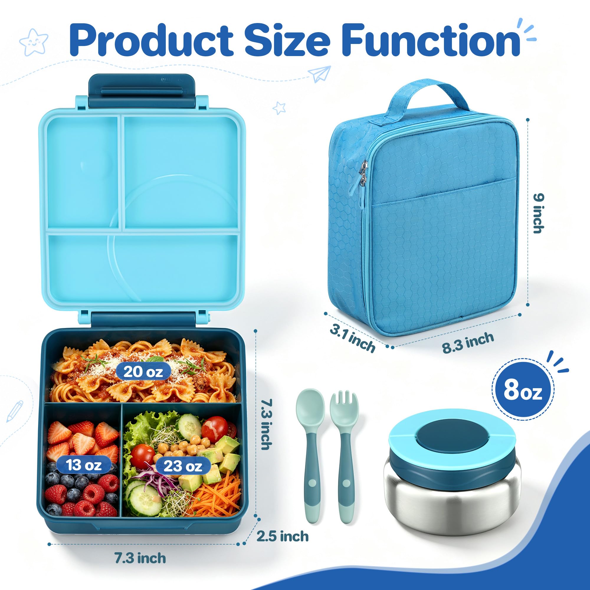 Howeemo Bento - Set di contenitori per il pranzo per bambini con thermos da 226,8 g, contenitori per il pranzo a prova di perdite con 4 scomparti, barattolo termico per alimenti caldi e borsa termica