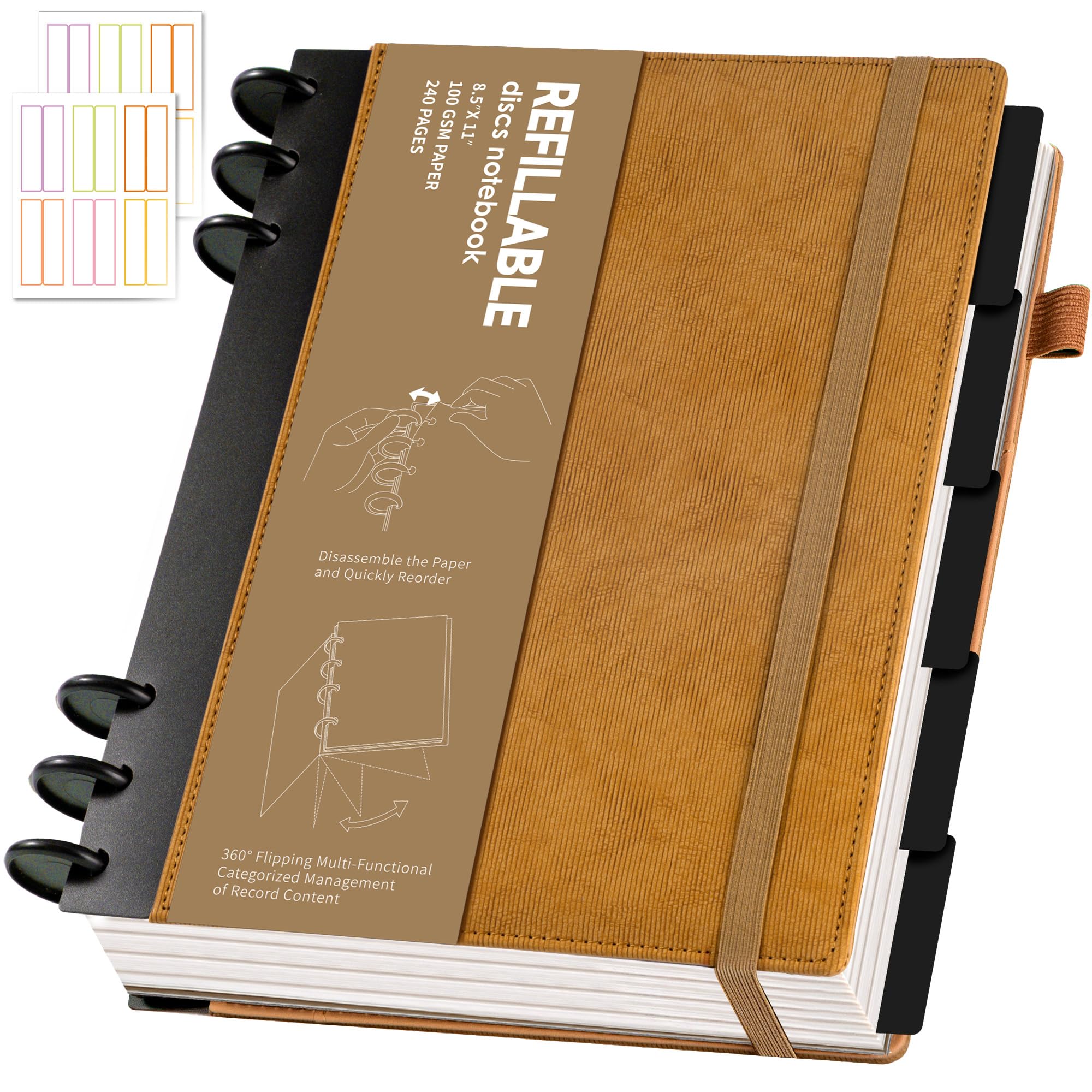 Cuadernos recargables para trabajo encuadernados en disco: cuaderno de tapa dura con 5 temas separadores, pestañas separables, diario grande con rayas universitarias, diario grande para escribir