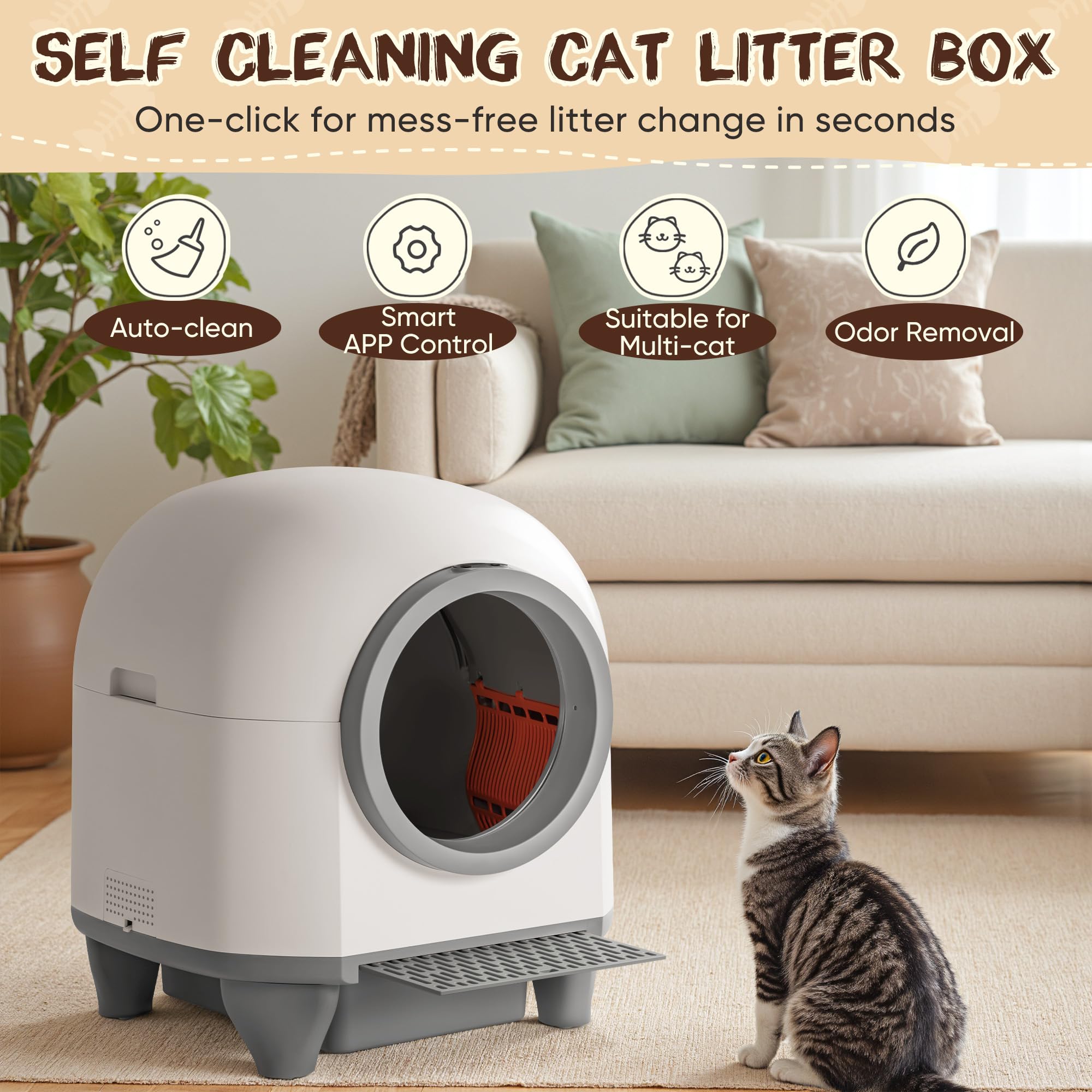 GUNJI Automatic Self-Cleaning Litter Box, 90L Large Capacity for Multiple Cats - APP Controlled with Safety Protection, Included Litter Mat & 1 Roll Garbage Bags (Gray) - image 3