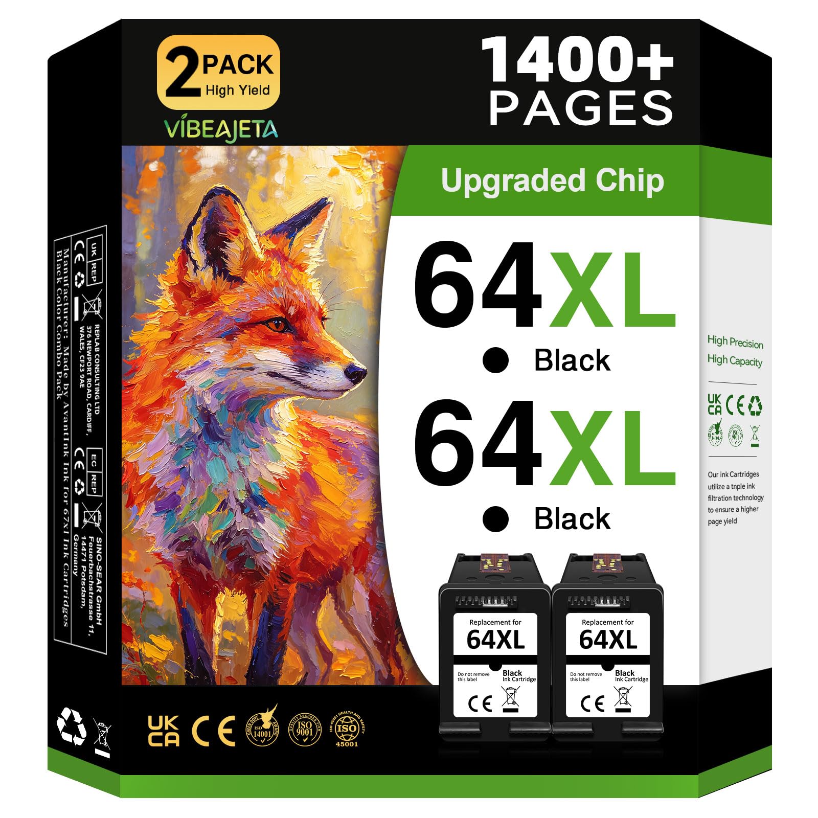 VIBEAJETA 64XL Black Ink Cartridge Compatible for HP 64 Black Ink Cartridge for HP Printers Work for Envy Photo 7855 7155 7858 7800 6255 Inspire 7900e 7955e 7255e 7950e 7958e Tango Printer(2 Black)