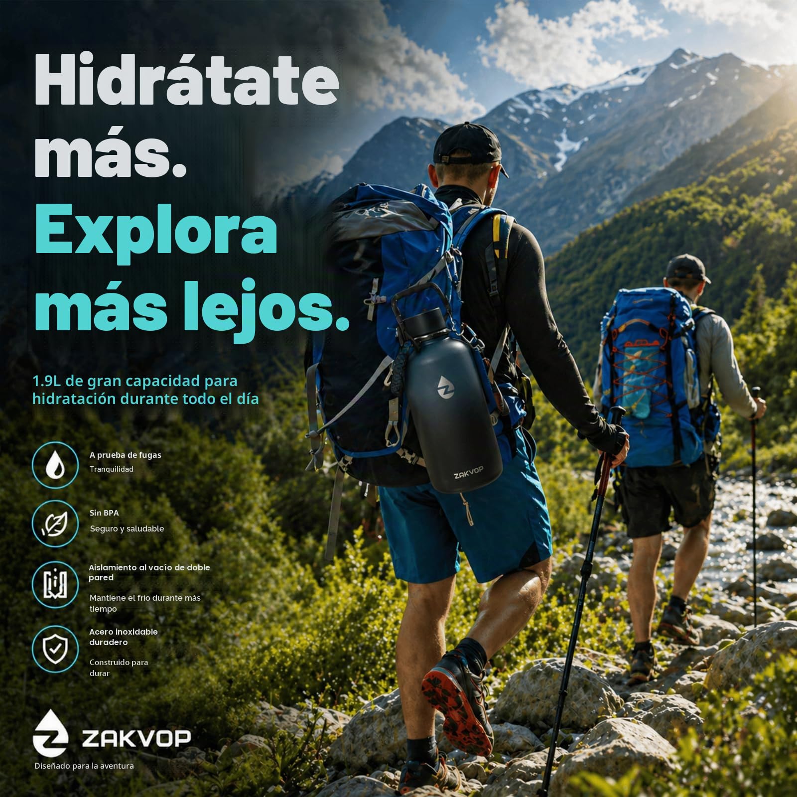 Botella Termica 2 Litros, Termo Acero Inoxidable con Pajitas y 3 Tapas, Botella Agua de Doble Pared con Asa de Paracord, Botella Isotermica a Prueba de Fugas