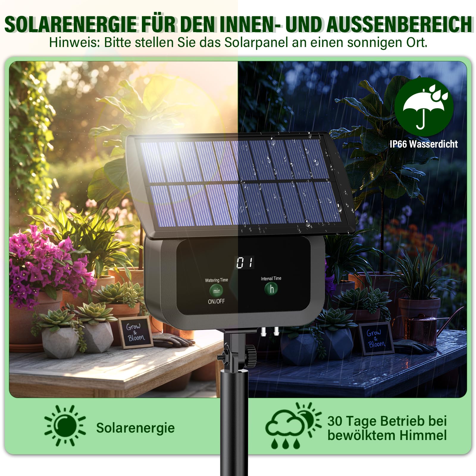 Solar Bewässerungssystem Garten, Automatische Bewässerung für Pflanzen im Urlaub mit Timer und 15M Schlauch, Solar Tropfbewässerung für Garten, Balkon Pflanzen, Kübelpflanzen im Freie