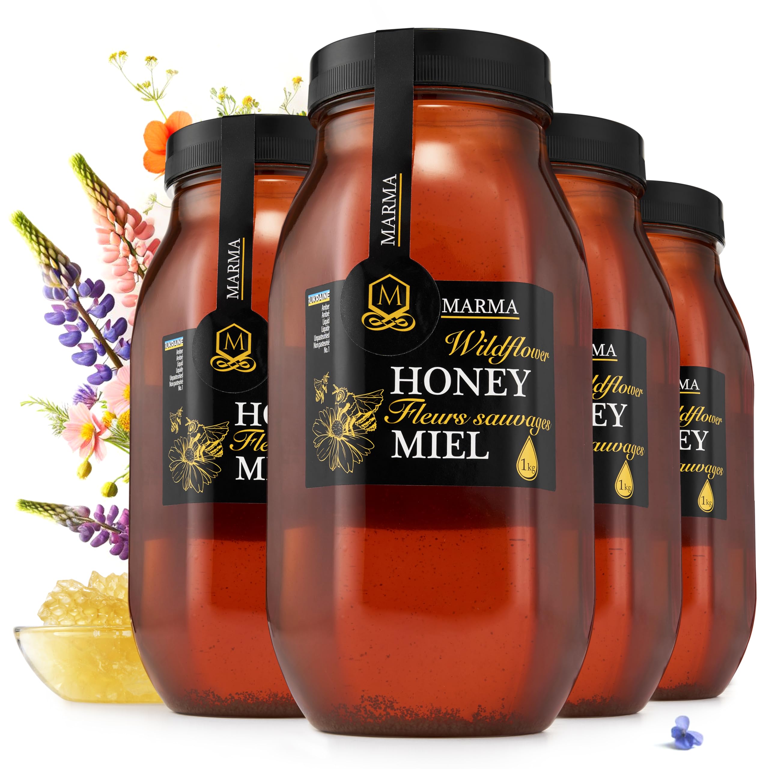 HONIGMA® Marma Wildflower Honey | Authentic Raw Honey from Ukraine | 100% Pure & Unpasteurized | 1000g/35.2oz | May Arrive Crystallized or Partially Crystallized | Pack of 6