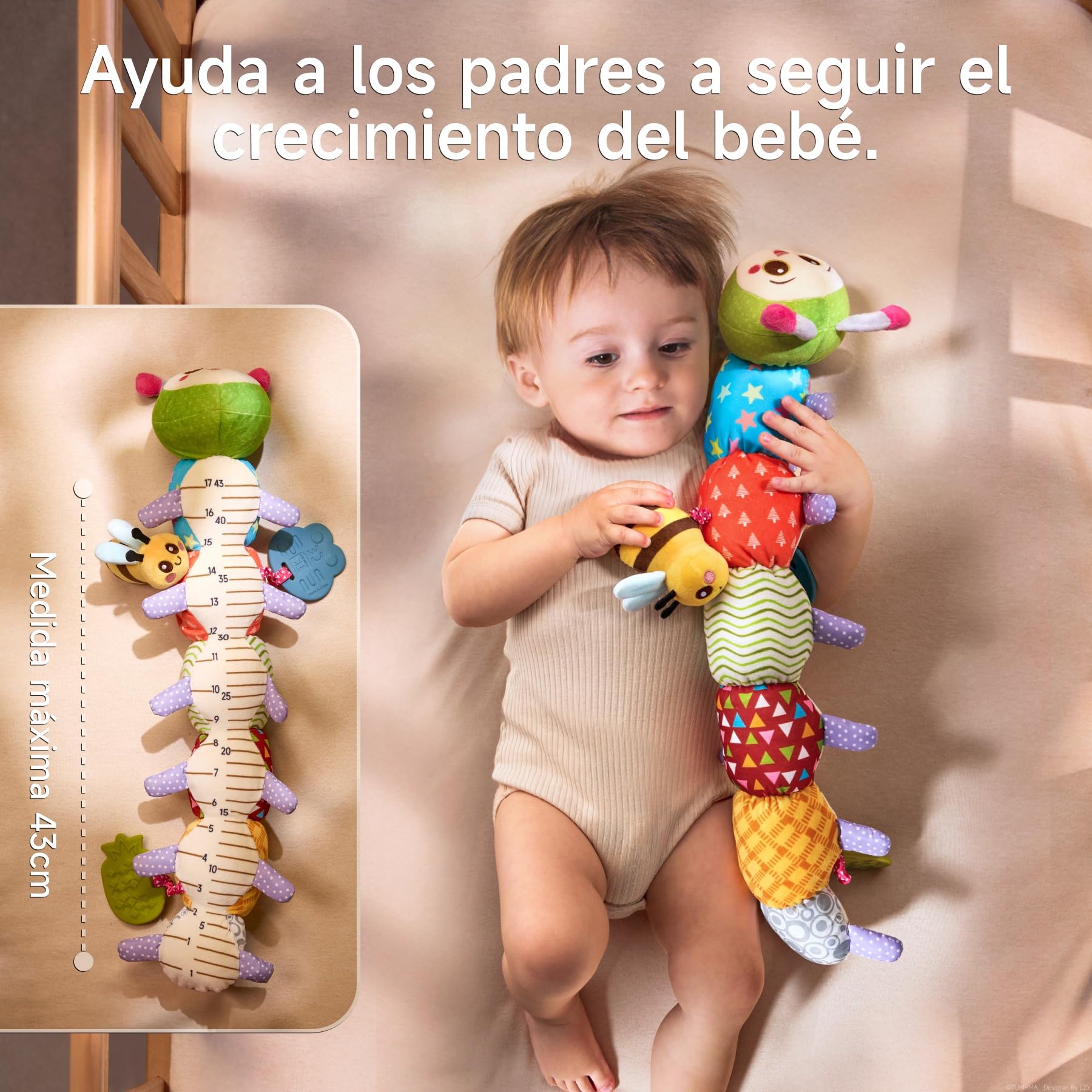 TUMAMA KIDS Juguetes para Bebé 0 3 6 Meses Juguete Oruga, Juguete Sensorial Montessori, Juguete para Bebé Niña Tummy Time, Juguete de Peluche con Sonajero，Anillo para la Dentición, Papel Arrugado