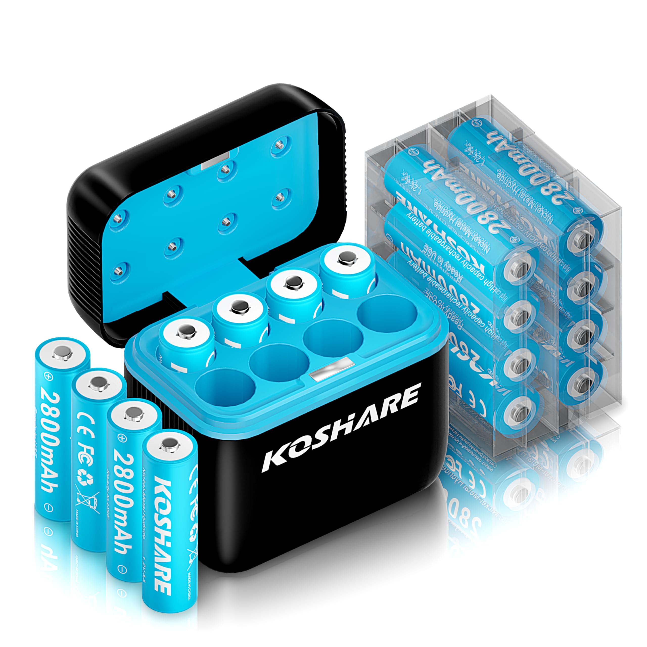 KOSHARE Rechargeable AA AAA Batteries with Charger,16Pcs 1.2V Ni-MH Rechargeable Batteries with 8 * 2800mAh AA and 8 * 1100 mAh AAA，800 Cycles，Pre-Charge，Type-C and 8 Slot Charger