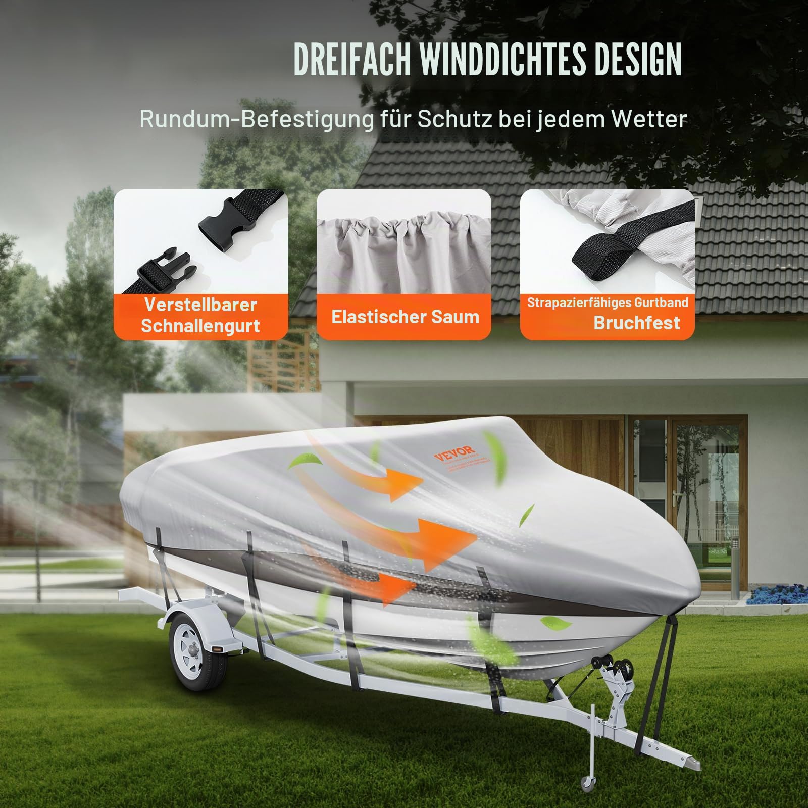 VEVOR Bootspersenning Abdeckplane Bootsplane, 518–579 cm Persenning Schlauchboot 600D Oxford-Gewebe Bootspersenning Abdeckung mit Aufbewahrungstasche 435 x 300 mm, Angelboot Bootsabdeckplane Grau