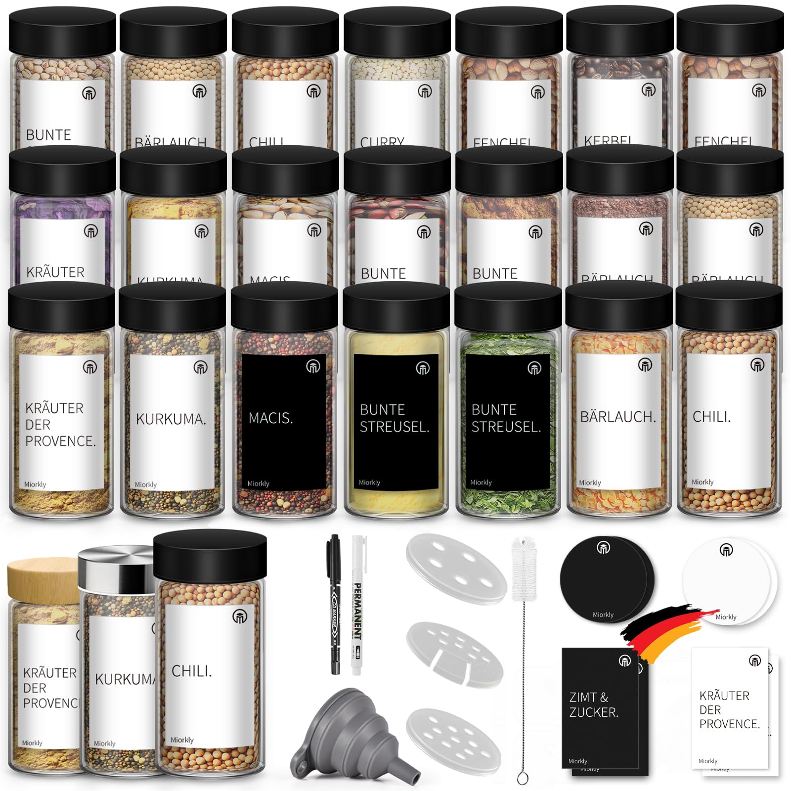 Miorkly Lot de 24 pots à épices carrés avec saupoudreur, couvercle en acier inoxydable noir, 120 ml, pots à épices en verre avec saupoudrer, entonnoir, étiquettes et stylo à craie, organisateur de
