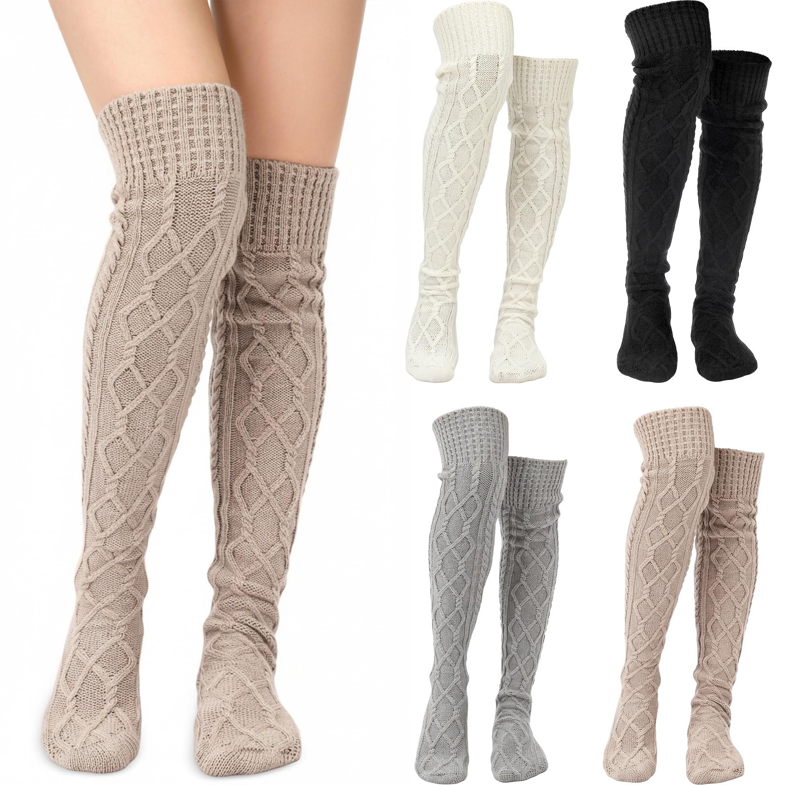 Toulite 4 Paar Zopfstrick-Kniestrümpfe für Damen, lange Stiefelstrümpfe, lange warme Beinstulpen für den Winter
