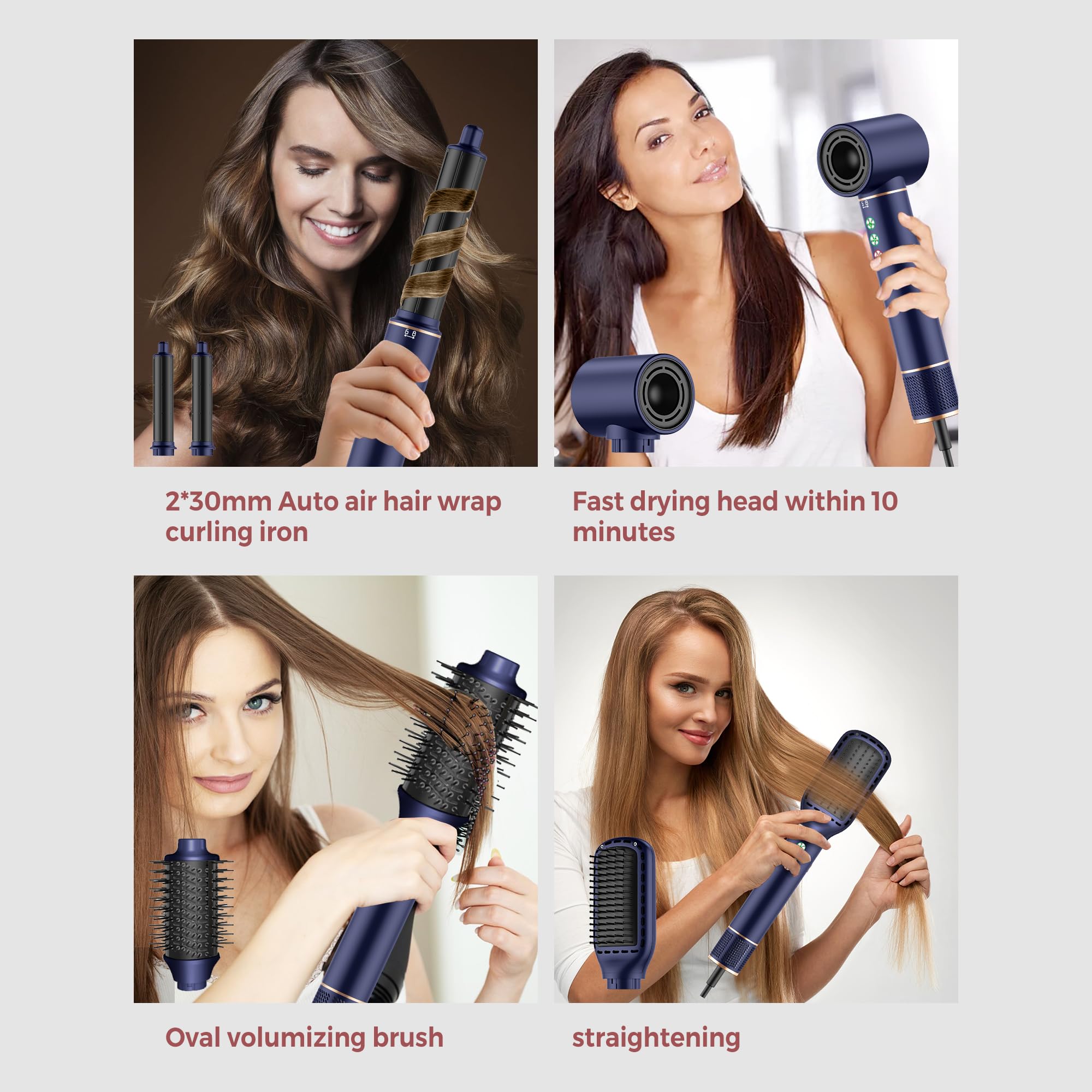 MogaWave Air Styler Seche Cheveux 7 en 1 Brosse Souflante de 110000 tr/min 20M/S pour un Séchage Rapide, Airbrush Hair Styler de 320 Millions d'Ions avec Fer A Boucler, Brosse Lissante