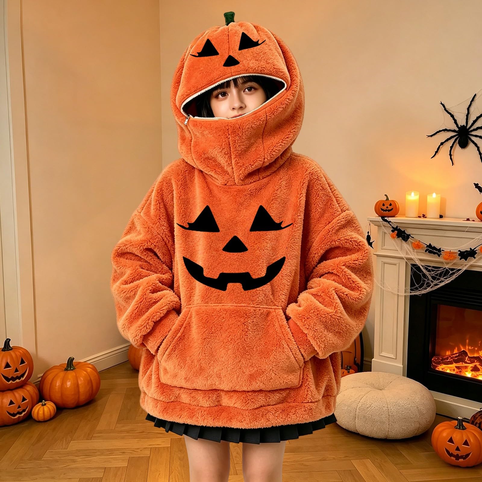 Sudadera con capucha de calabaza mullida para niñas | Sudadera con capucha suave y cálida para otoño e invierno, perfecta para fiestas de truco o trato, escuela, vacaciones
