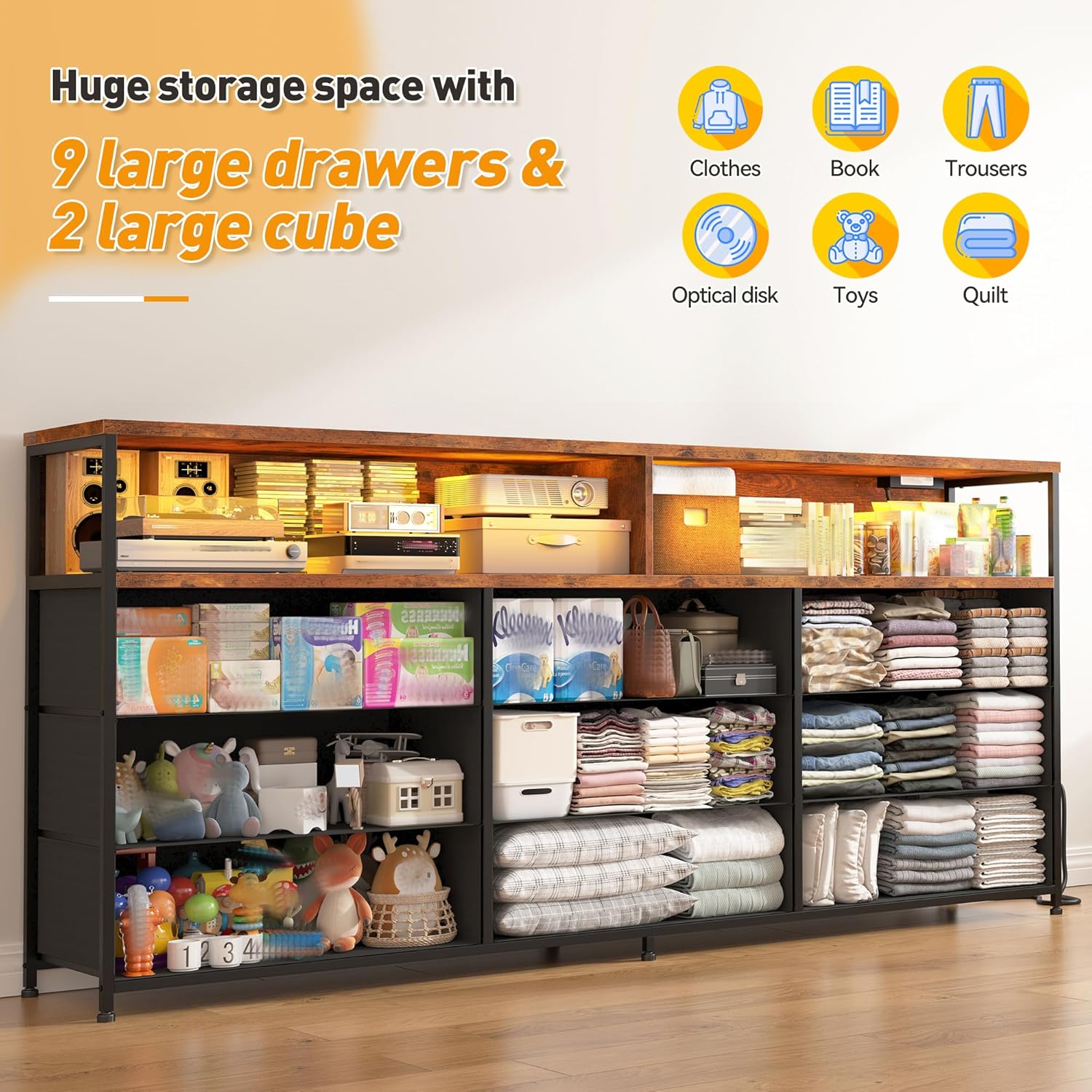 EnHomee 55” W Dresser for Bedroom with Charging Station & LED, 65" TV Stand for Bedroom with 9 Fabric Drawer & Open Shelves for Dorm, Entryway, Rustic Brown, 11.81" D x 55.12" W x 35.43" H