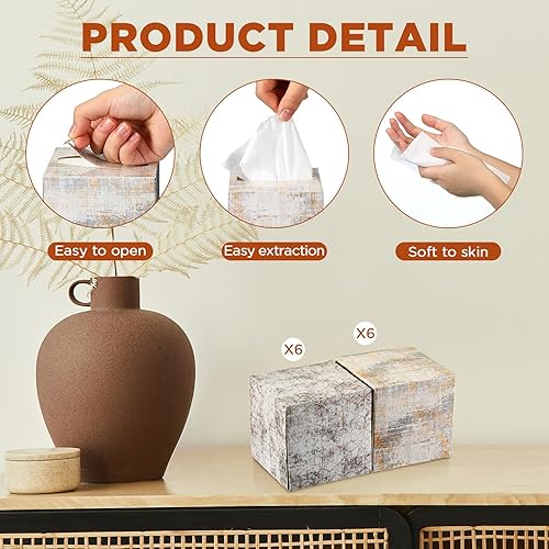 Miniatura 4 de Bokon Paquete de 12 cajas de pañuelos faciales, cajas cuadradas de pañuelos de 2 capas, papel de seda suave, estilo industrial, caja de pañuelos de