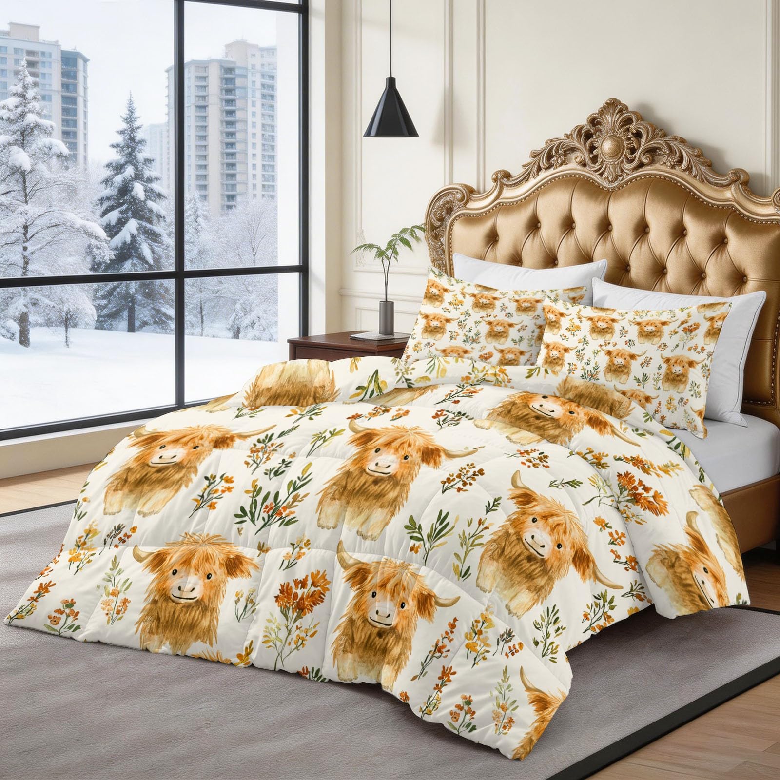 Edredon Relleno nordico Cama Infantil Algodón - Animal Ganado de las Highlands Campo Granja Cama 180 - Bebe rellena Juego de Manta 260x240 cm con Almohada 50 x 75 cm por niños e niñas Amarillo mostaza