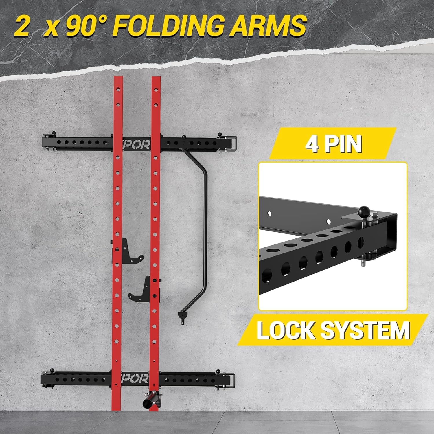 Folded Amenitlif Squat Rack with 4-pin lock system detail.