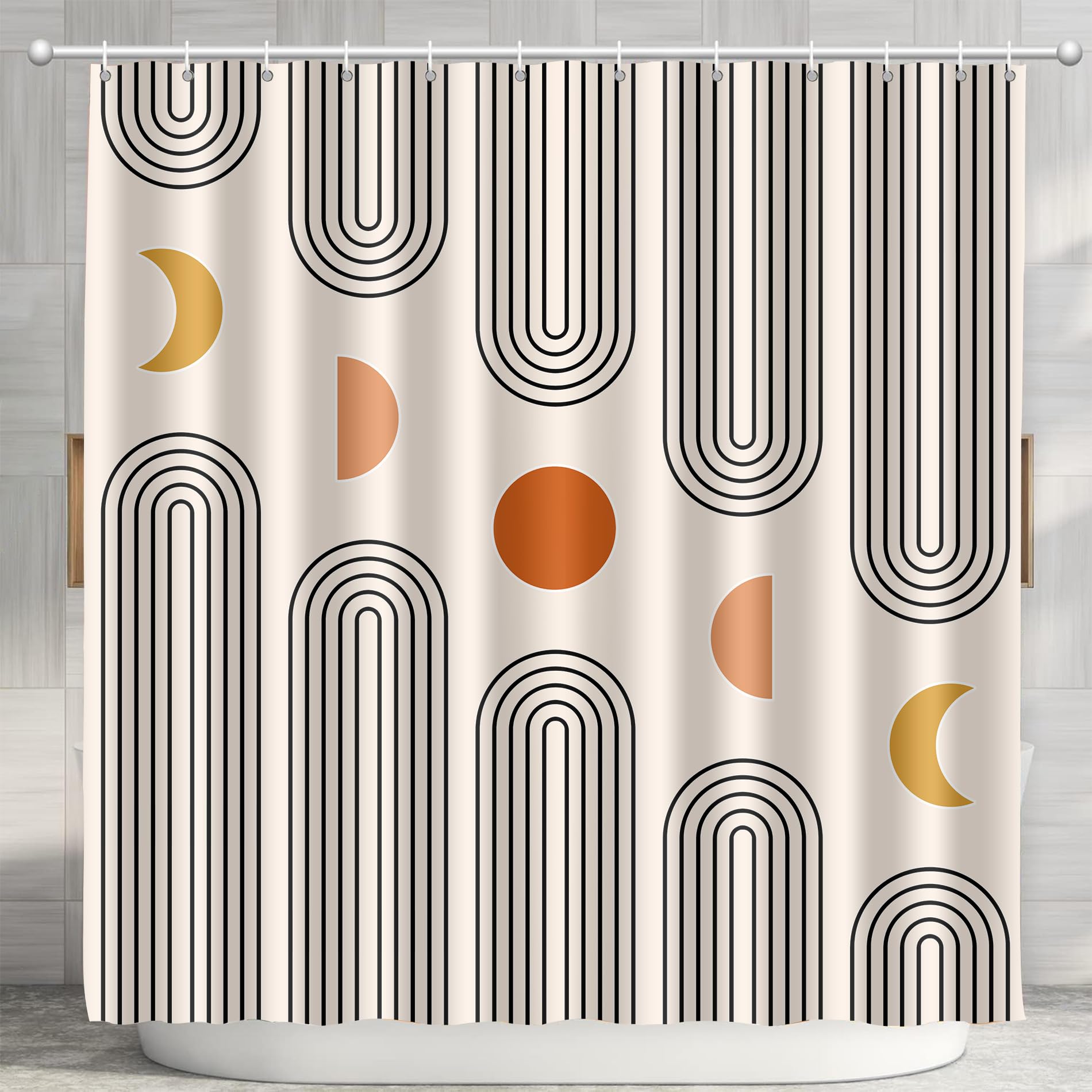 Boho Shower Curtains for Bathroom Mid Century Minimalist Abstract Aesthetic Modern Bathroom Decor Curtain Machine Washable Waterproof Fabric with 12 Hooks (Beige Minimalist, 72" x 72")