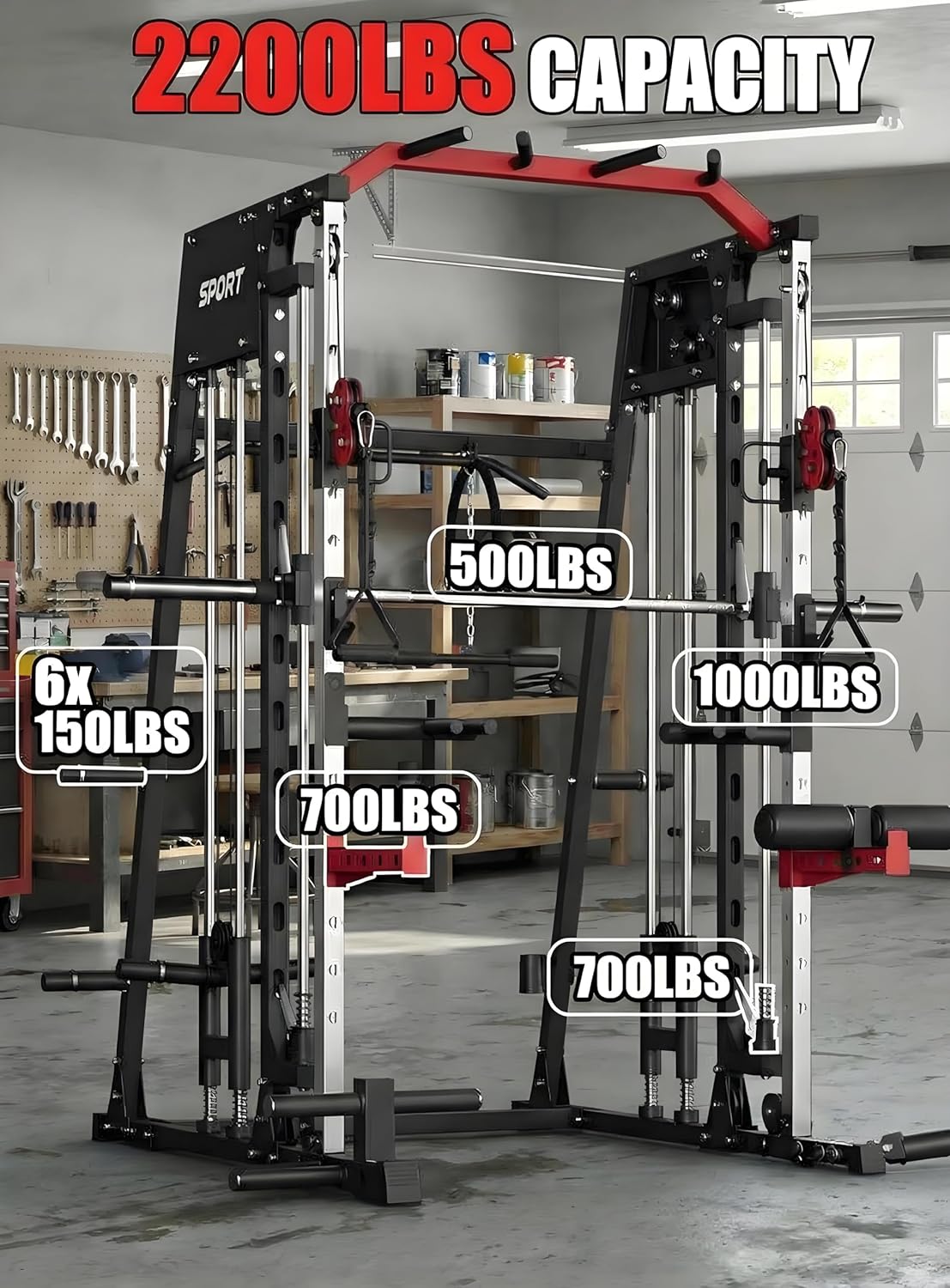 Smith Machine Home Gym, All in One Power Cage, 2200LBS Workout Equipment, Multifunctional Gym with Squat Rack, Cable System, LAT Pull Down, Leg Hold-Down and Attachments for Home