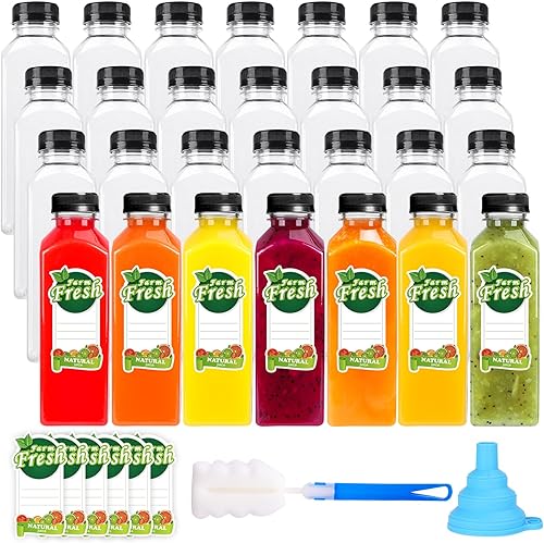 Moretoes 28 botellas vacías de plástico para jugos de 16 onzas, botellas de jugo con tapas negras a prueba de manipulaciones, recipientes