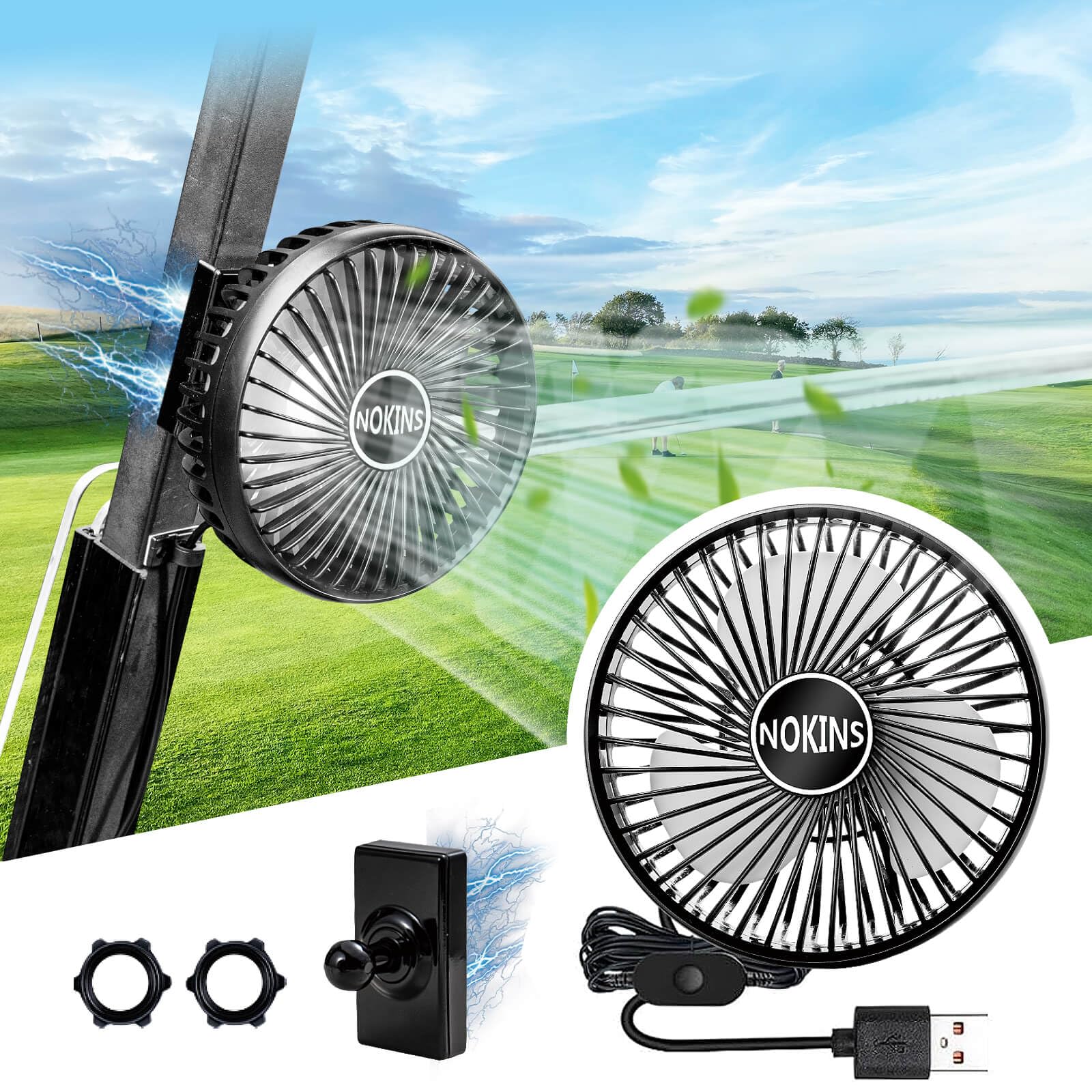 NOKINS Golf Cart Fan, Portable Magnetic Fans for Golf Cart EZGO Club Car Yamaha, Low Noise Designed and 3-Speed Settings 360° Rotatable with Magnetic