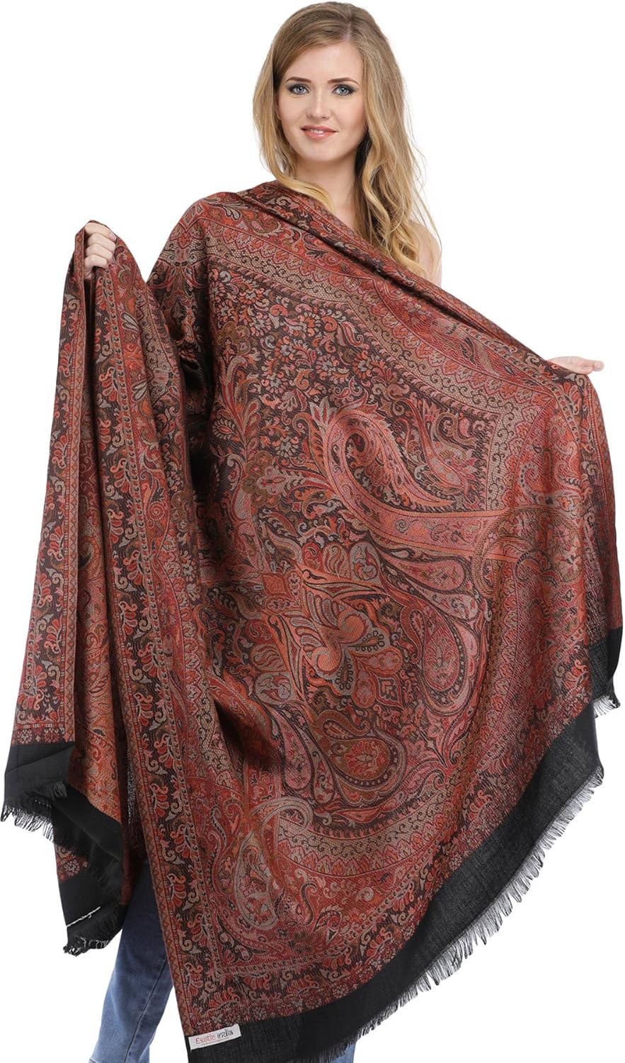 Exotic India Reversible Jamawar Shawl with Woven Paisleys - Wool