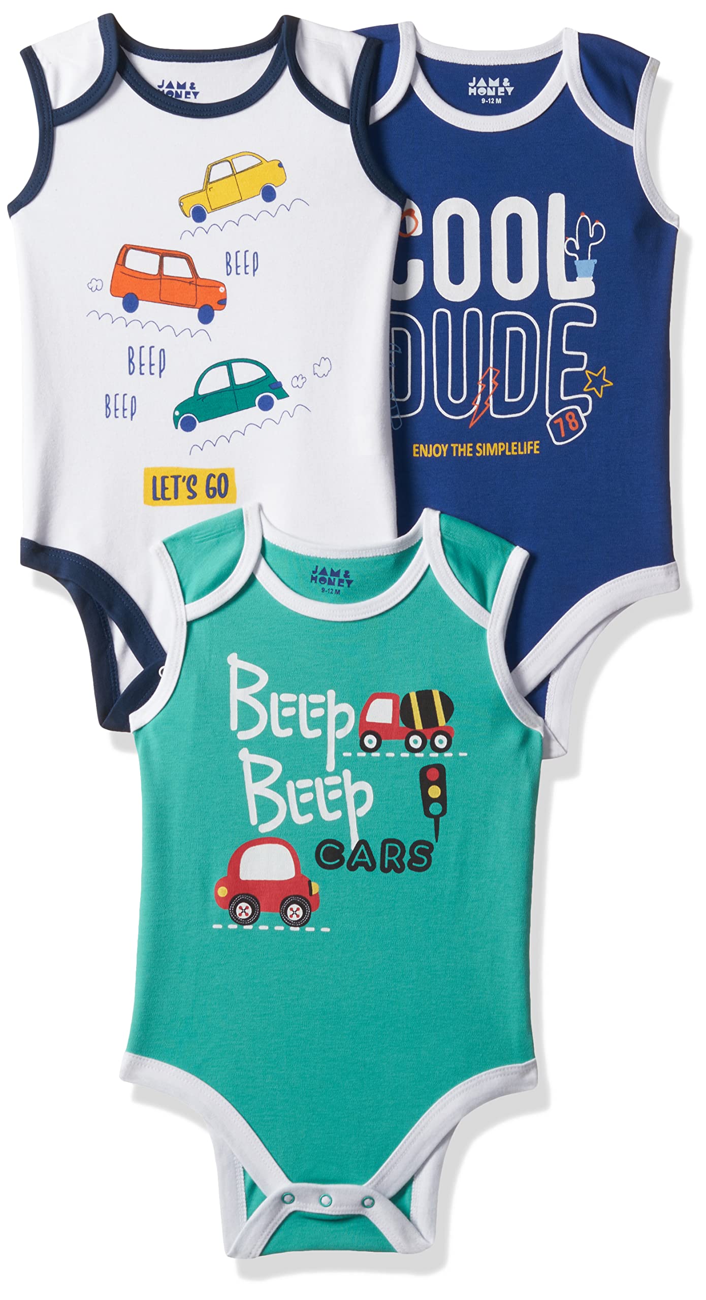 Amazon Brand - Jam & Honey Baby Boys 100% Cotton Rompers/Sleep Suits/Onesies/Night Suits for Baby Boys | New Born Baby Clothes - 0 to 24 Months (Pack of 3)