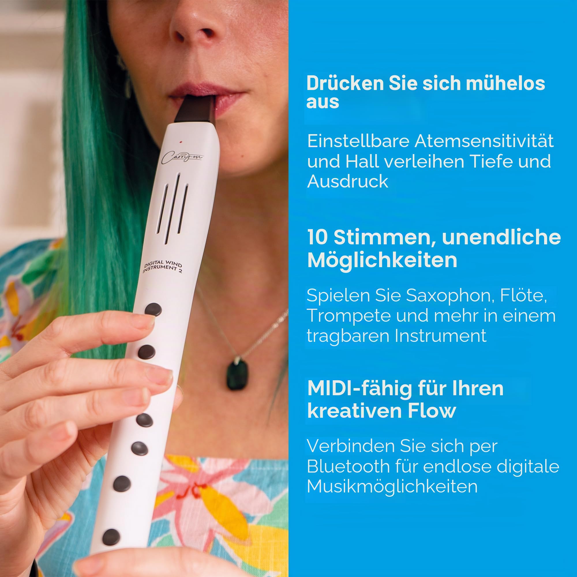 Carry-on Digitales Blasinstrument 2-10 Stimmen, eingebauter USB-Akku, Kopfhörerausgang für lautloses Üben, Midi Over Bluetooth Digital Recorder Weiß