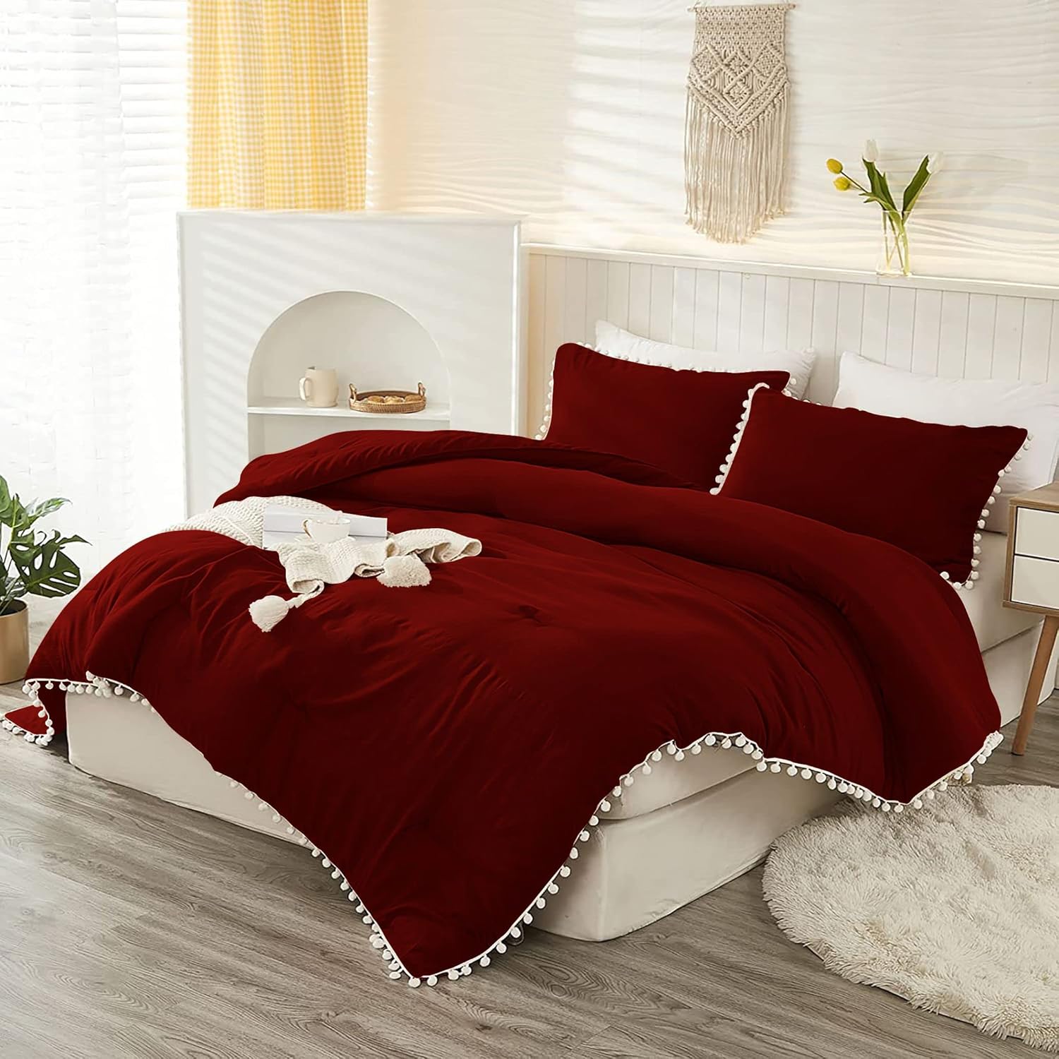 Tony's Textiles 5 Piece White Vintage Pom-Pom Fringe Plain Pattern Comforter Set, 100% Egyptian Cotton with 1000 Thread Count (King/California King Size - Burgundy Color)