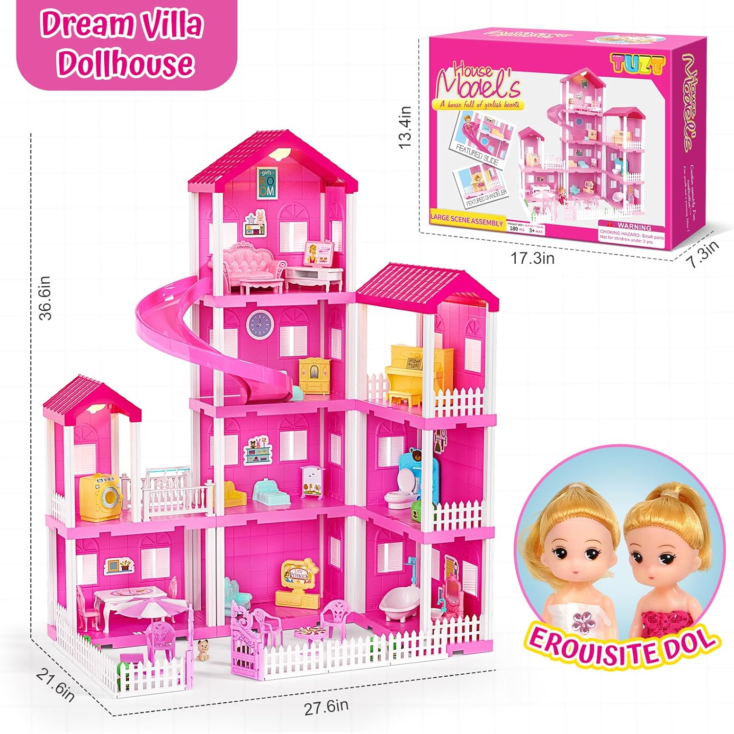 4-Story Doll House with Pool & Slide, Toy Figures, Pet Dogs, Furniture and Accessories, Pretend Play Dream Dollhouse with Light, Christmas Birthday Gifts for Kids Toddlers Girls Age 3 4 5 6