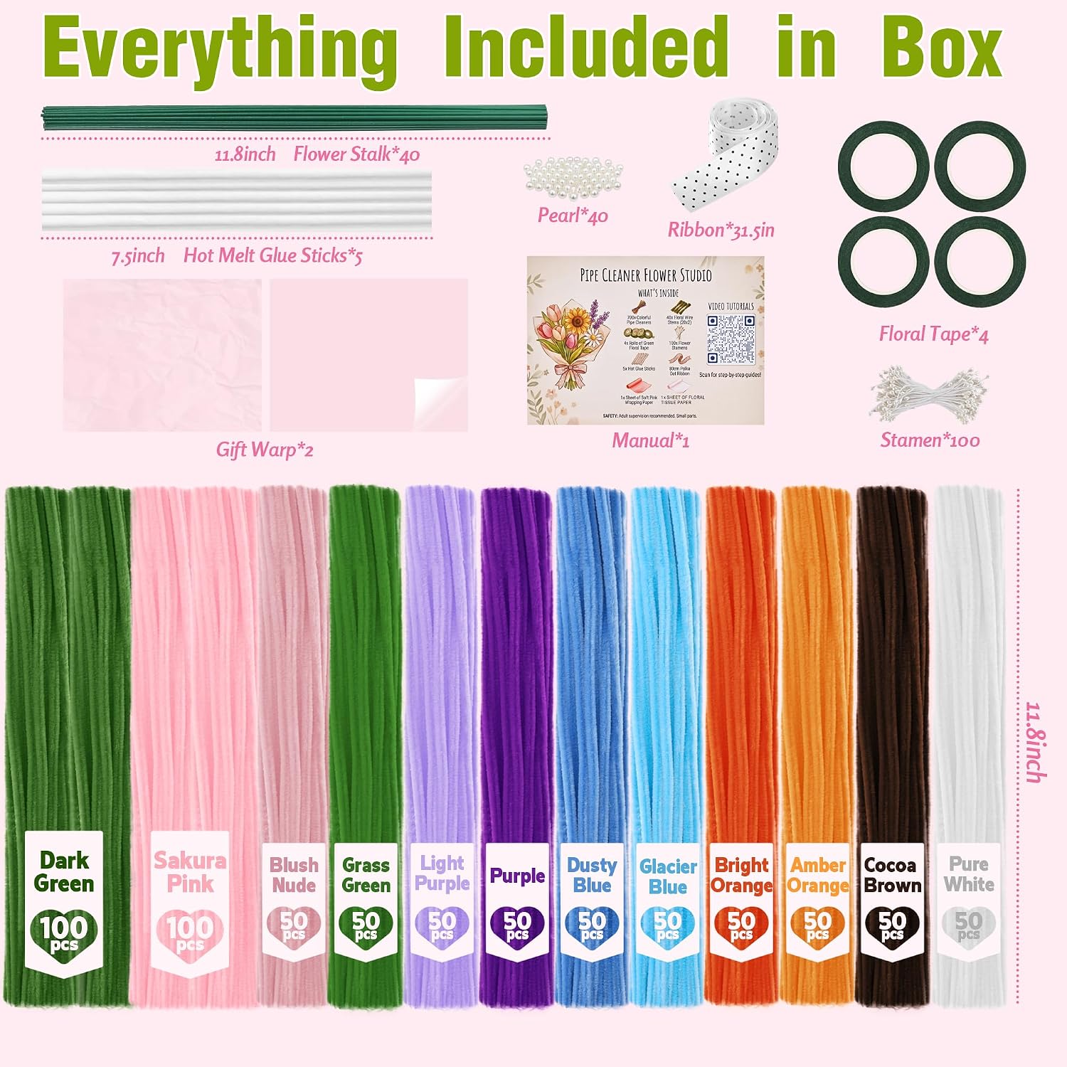800 PCS Pipe Cleaner Flower Kit, 12 Colors Chenille Stems Craft Kit with Floral Stems, Tape, Stamens, Ribbons, Manual - Make DIY Flowers for Heartwarming Gifts, Family Crafts, Cozy Decor & Bonding