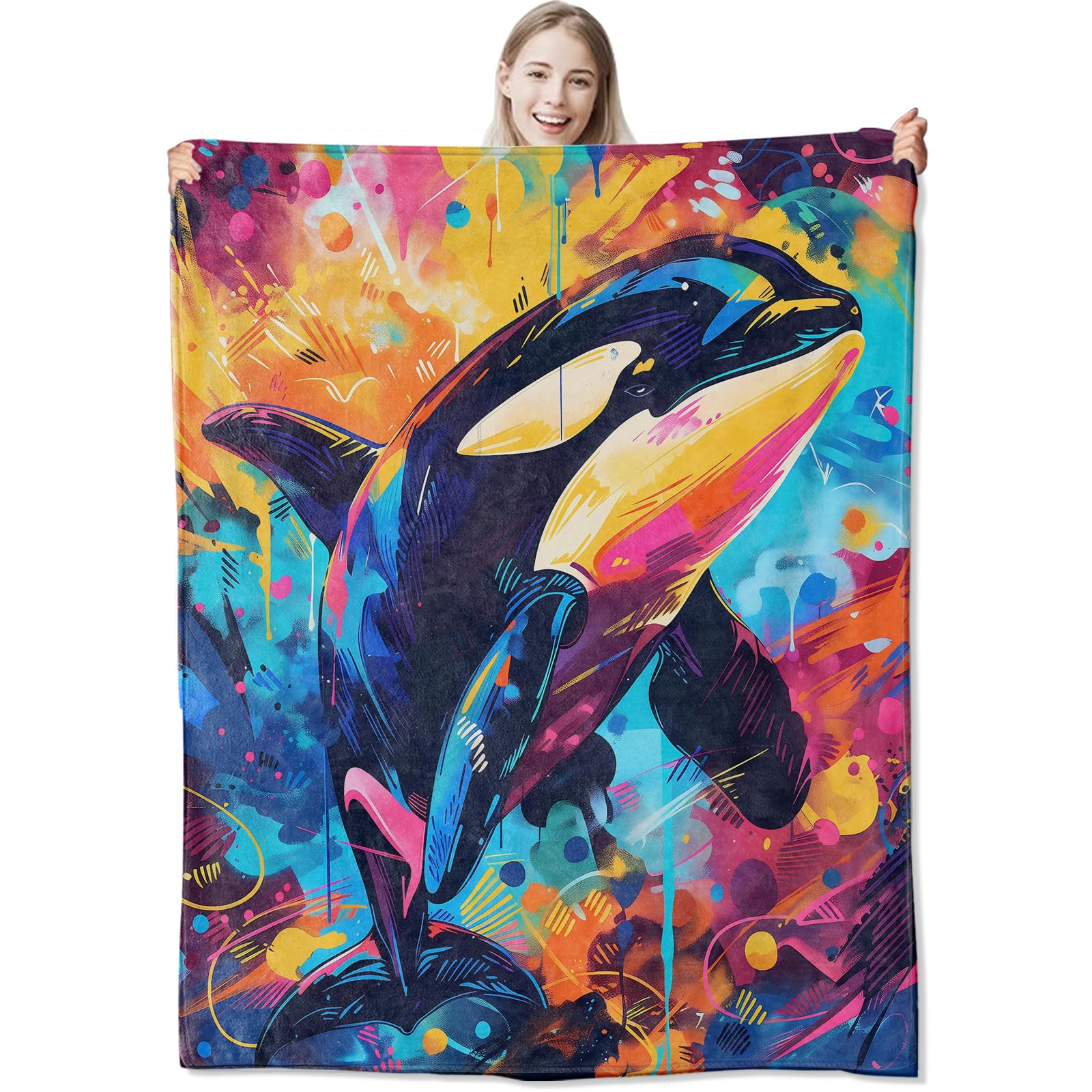 CUEBOS Colorful Orca Flannel Throw Blanket 50x60 Inch, Vibrant Killer Whale with Abstract Graffiti Art Blankets Soft Cozy Fleece Throws for Ocean