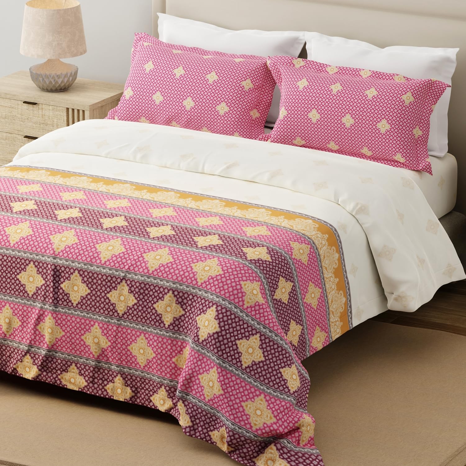 Layers Forever 100% Cotton 120 TC Pink & White Ethnic Print King Bedsheet with 2 Pillow Covers-picture-39