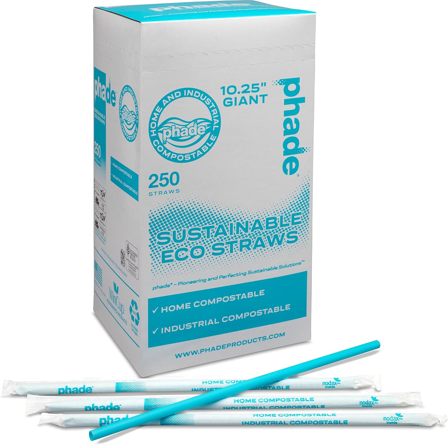 phade Eco-Friendly 8.5" Giant Drinking Straws 1,200 Count - Sustainable Marine Biodegradable Compostable, Individually Wrapped, 4 Pack