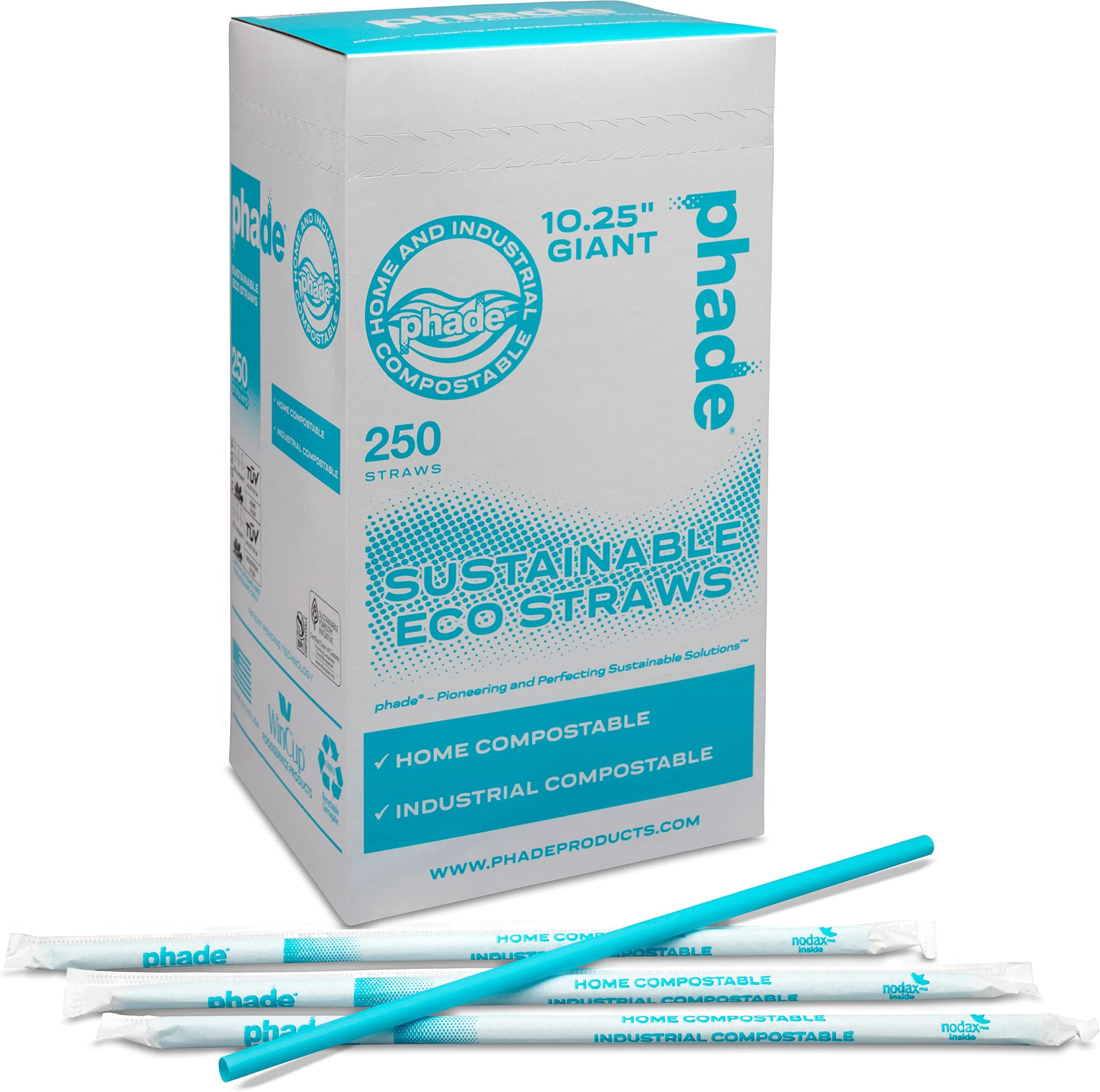 phade Eco-Friendly 10.25" Giant Drinking Straws 250 Count - Sustainable Marine Biodegradable Compostable Individually Wrapped, 1 Pack