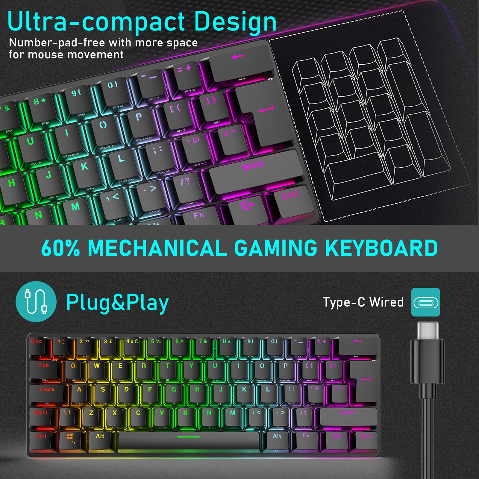 Tastiera meccanica da gioco con layout britannico RGB 14 effetti di retroilluminazione, mini 62 tasti cablato tipo C + mouse leggero RGB 6400DPI a nido d'ape + tappetino per mouse