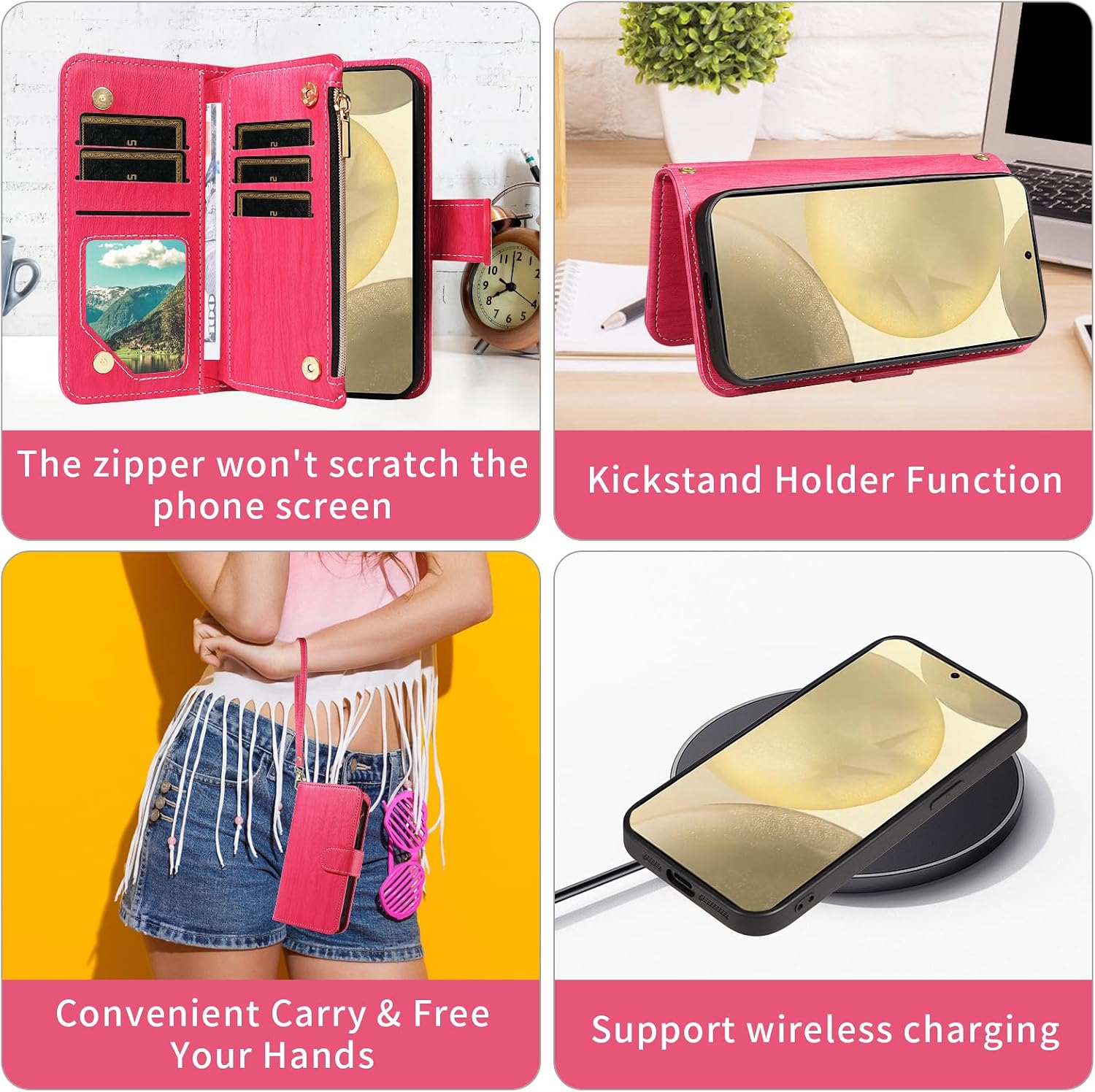 Asuwish Phone Case for Samsung Galaxy S24 5G Zipper Wallet Detachable Cell Cover with Tempered Glass Screen Protector Crossbody Strap Flower Flip Card Holder Slot S 24 24S G5 Women Men Girls Rose Red