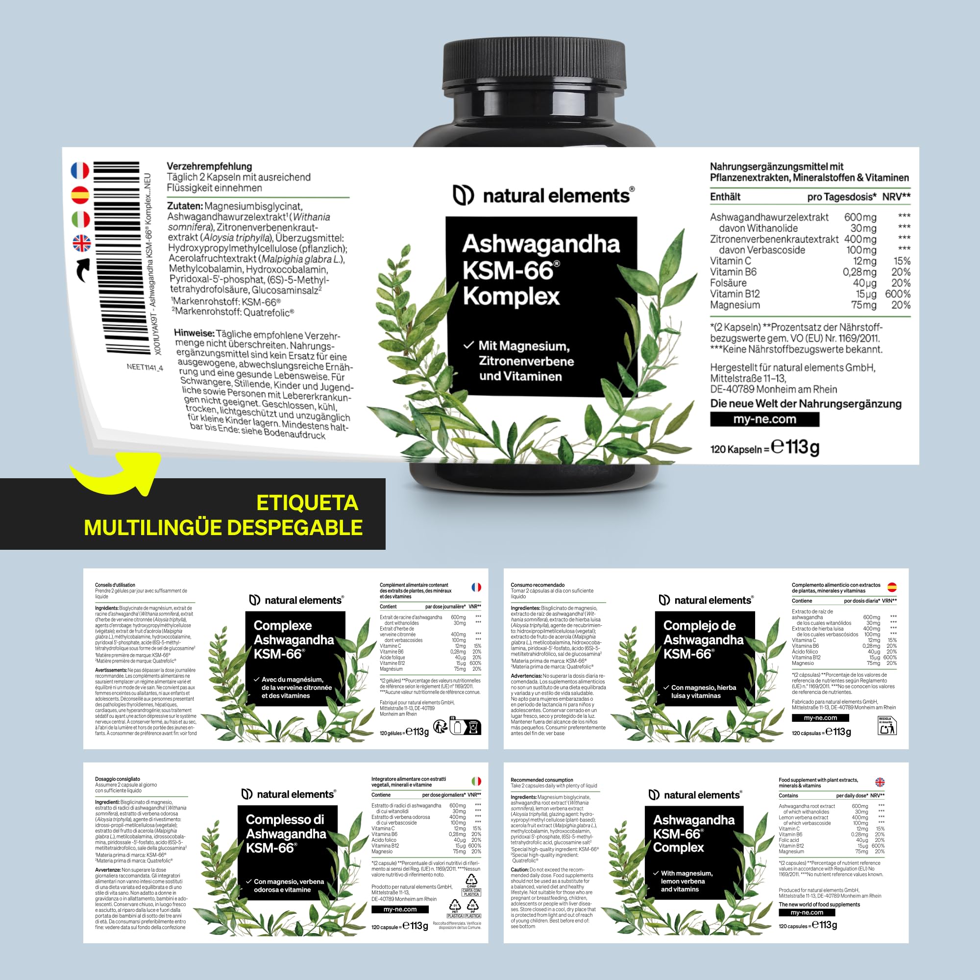 Ashwagandha KSM-66® - 600 mg de extracto de raíz de ashwagandha - Con Hierba luisa, Magnesio, Ácido fólico y Vit. C, B6, B12-120 Cápsulas - Probado en laboratorio, vegana y sin aditivos