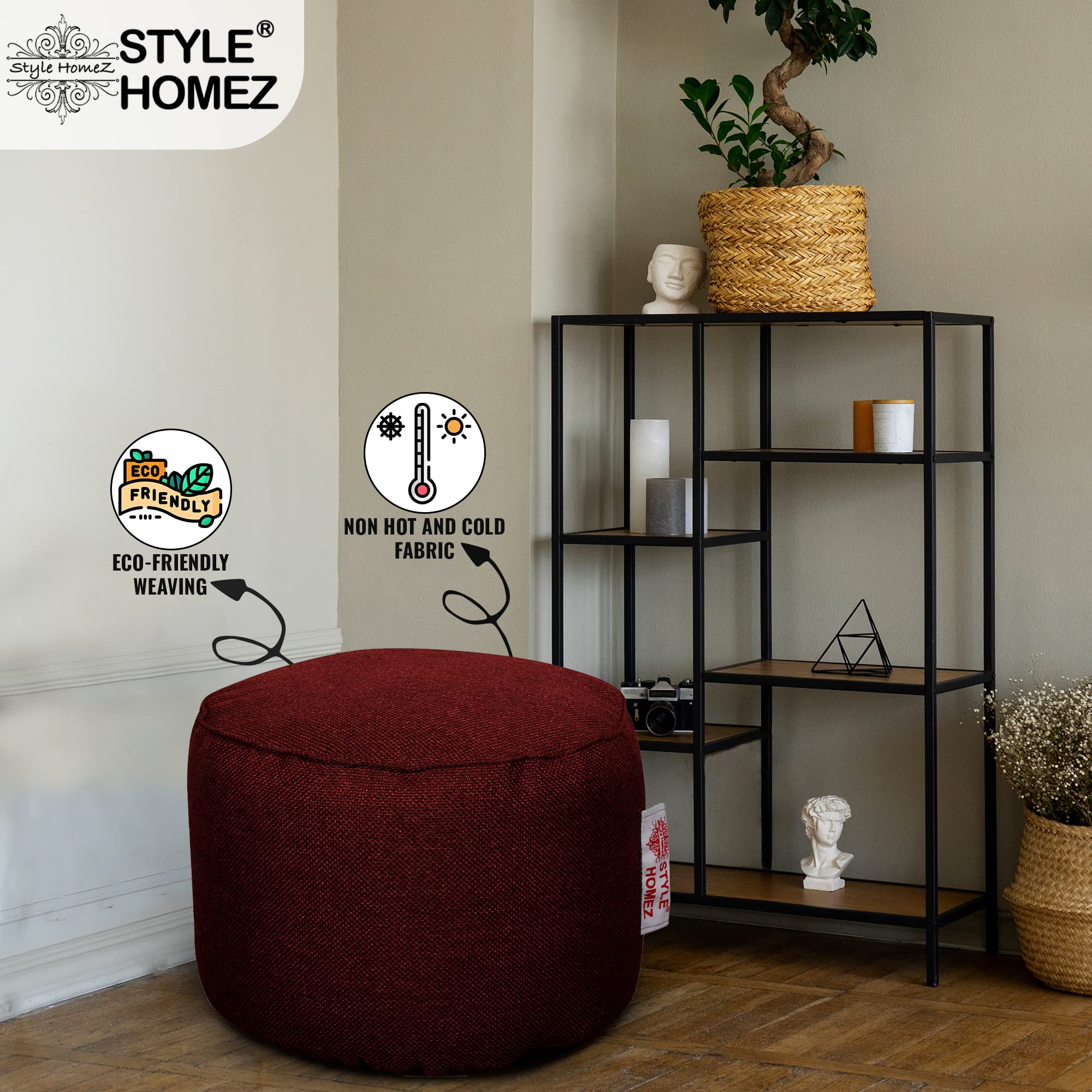 Style Homez ORGANIX Collection, Round Poof Bean Bag Ottoman Stool Large Size Crimson Red Color in Organic Jute Fabric, Cover Only 3