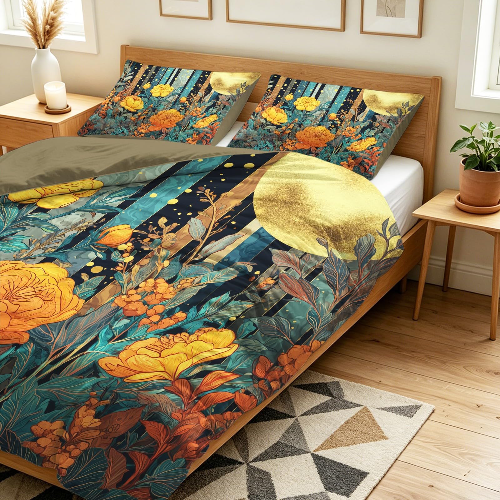 Generisch Art Garden komplet pościeli bajecznie pomarańczowe kwiaty, księżyc w pełni, zestaw pościeli 200 x 200 cm, 3-częściowy zestaw dekoracyjny, poszewka na kołdrę z mikrofibry, poszewka na kołdrę