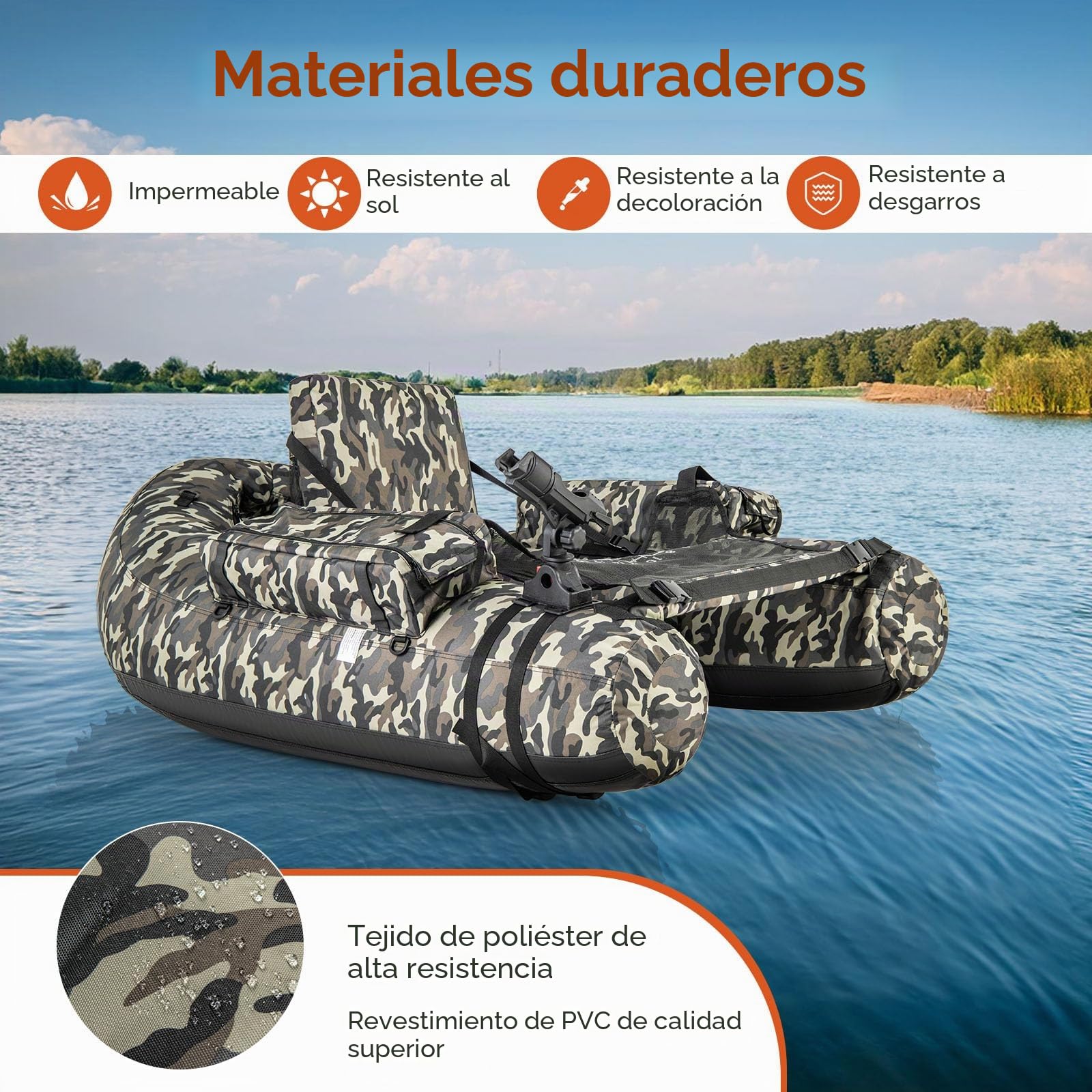GOPLUS Barco de Pesca Inflable, Barca Hinchable con Correas y Respaldo Ajustables, Bomba Manual, Remo, Aletas, Soporte para Caña de Pescar, Regla de Pescado, Almacenamiento, Carga 150 kg, Camuflaje
