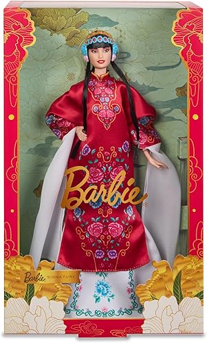Barbie Muñeca de Año Nuevo Lunar, coleccionable en bata floral roja con accesorios tradicionales inspirados en la ópera de Pekín