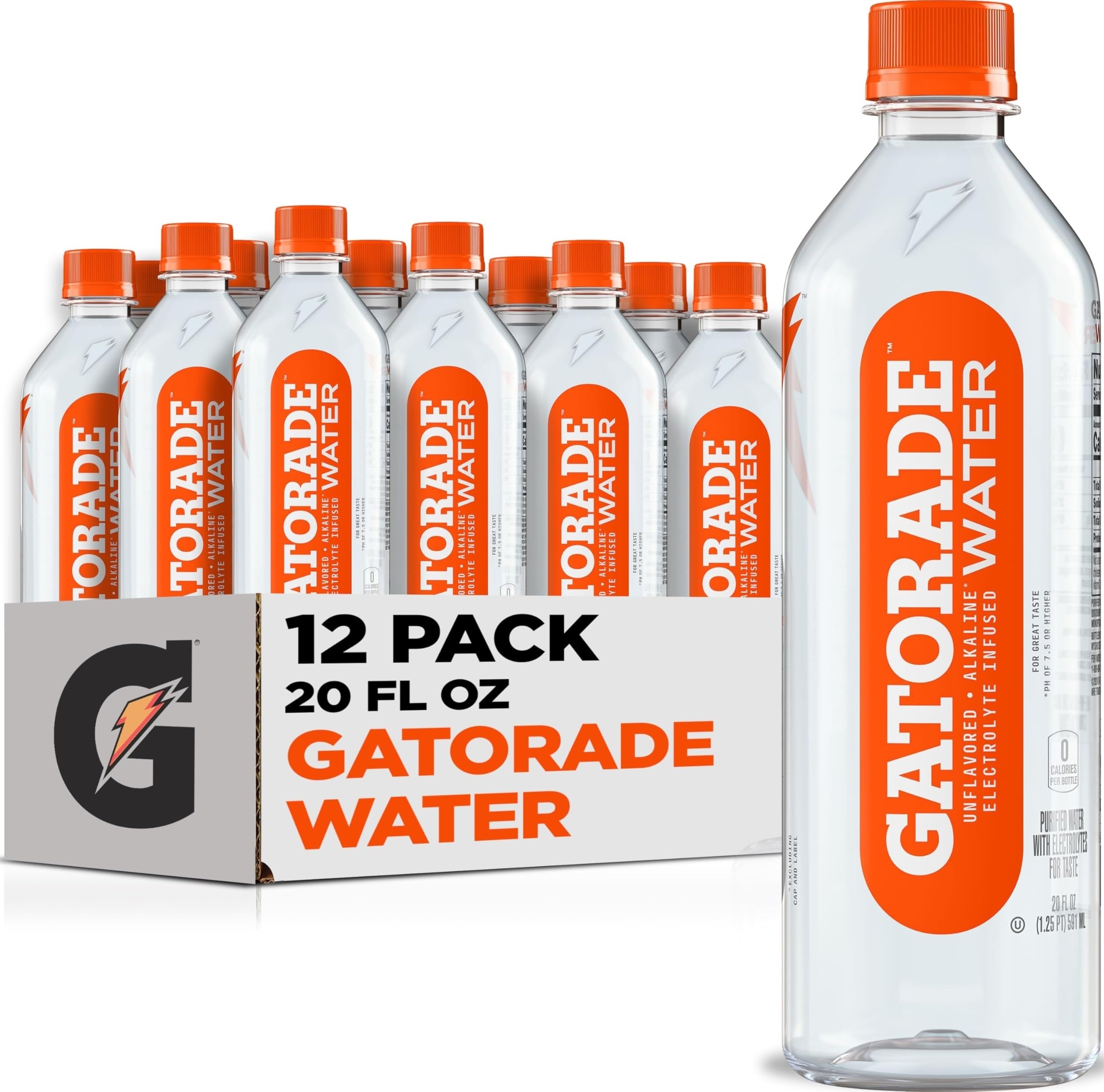 Gatorade Water, Unflavored, Electrolyte infused for great taste, Alkaline PH 7.5 or higher, 20 Fl Oz (Pack of 12)