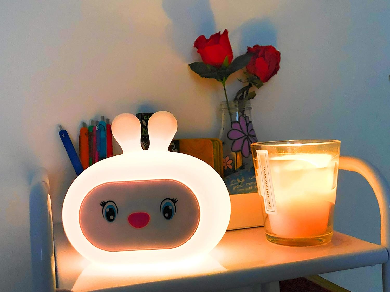 Sleepytime Baby Bunny Toddler Night Light Sleep Soother Sound Machine. 8 Different Changeable Colors and 5 Different Soothing Sounds. Chargeable Battery Lasts 48 Hours and USB Cable Included.