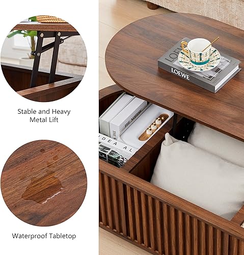 Miniatura 8 de Mesa auxiliar ovalada con superficie elevable y almacenamiento, mesa central moderna de mediados de siglo de 43.3" con compartimento oculto, mesas