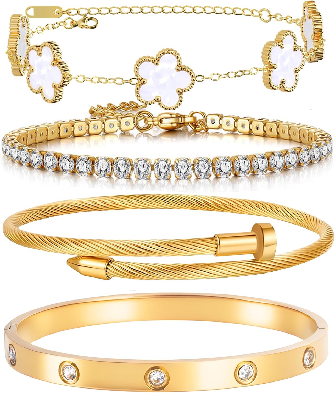 18K Gold Plated Womens Stackable Floral Gold Clover Bracelets Set Love Bangle Bracelets Non Tarnish, Nail Bracelet Set Trendy Jewelry,Gifts for Women's Day and Mother's Day
