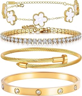 Pulseras de oro chapado de 18K para mujer, juego de pulseras florales de trébol de oro apilables, brazaletes de amor, pulseras sin deslustre, juego de pulseras de clavos, joyería de moda, regalos para