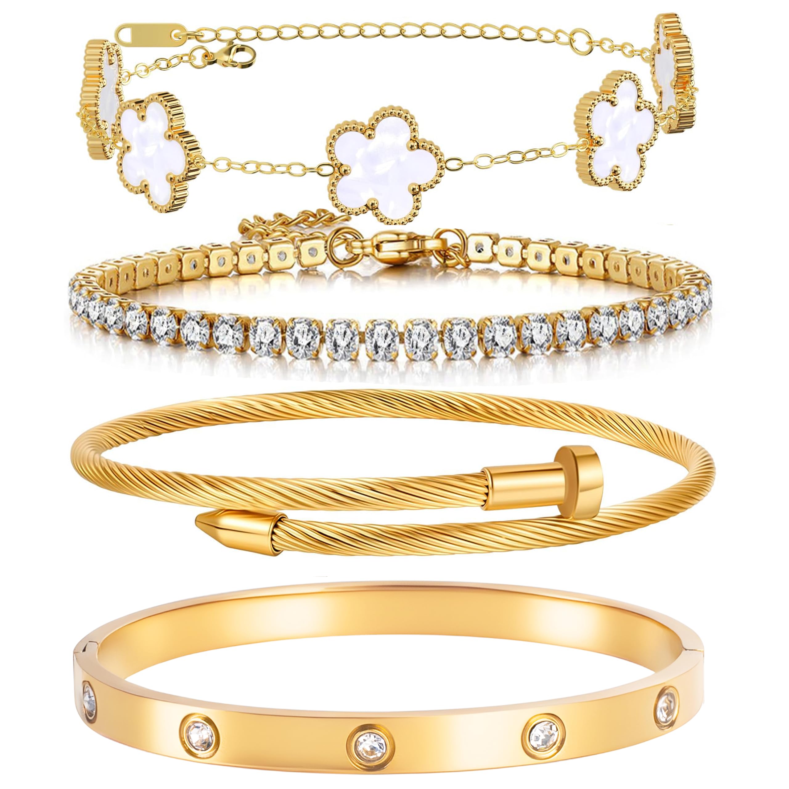 18K Gold Plated Womens Stackable Floral Gold Clover Bracelets Set Love Bangle Bracelets Non Tarnish, Nail Bracelet Set Trendy Jewelry,Gifts for Women's Day and Mother's Day