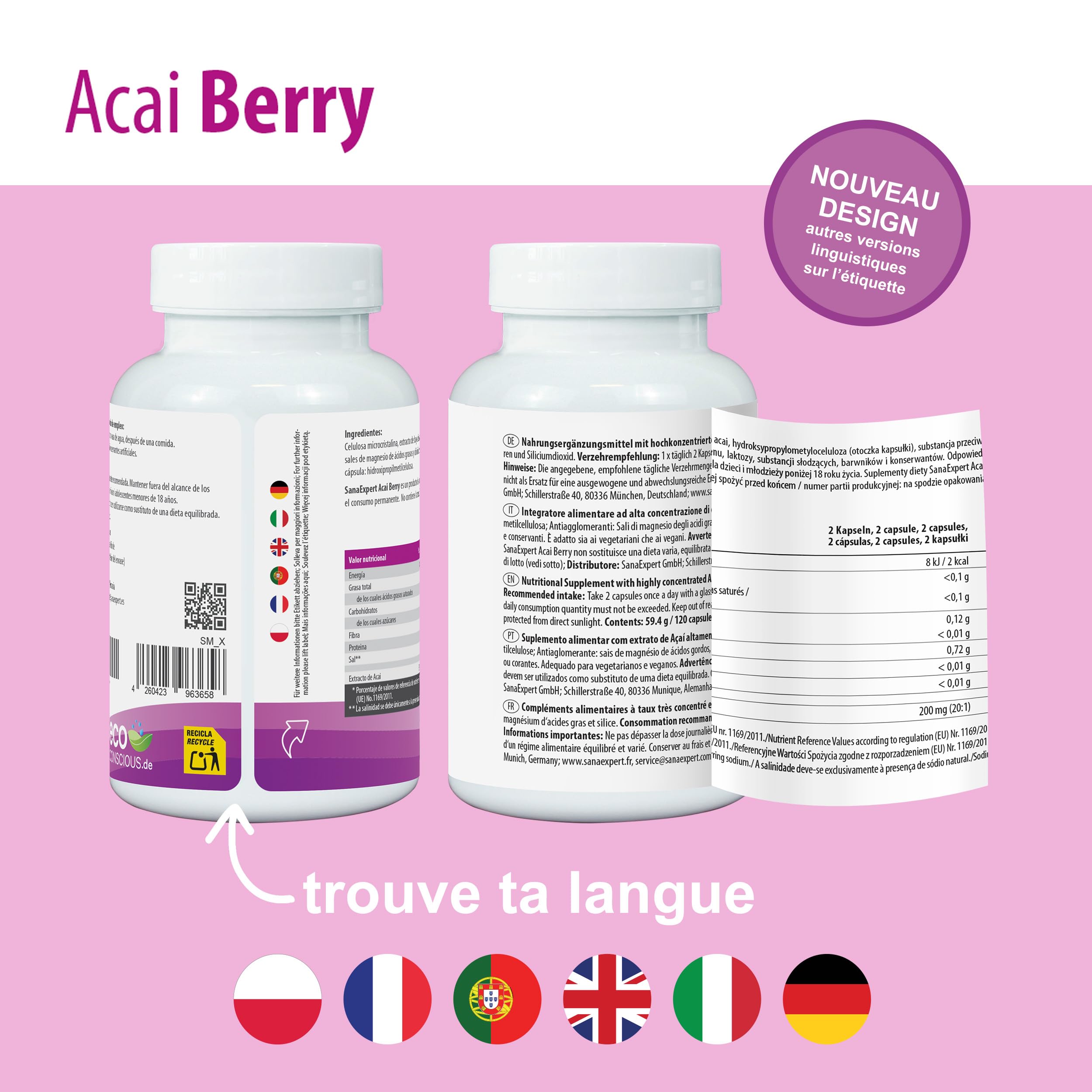 SanaExpert Acai Berry - Superaliment & Antioxydant Naturel - Extrait de Baies d'Açaï Pur - Complément Alimentaire en Gélules - Vegan - 120 Capsules