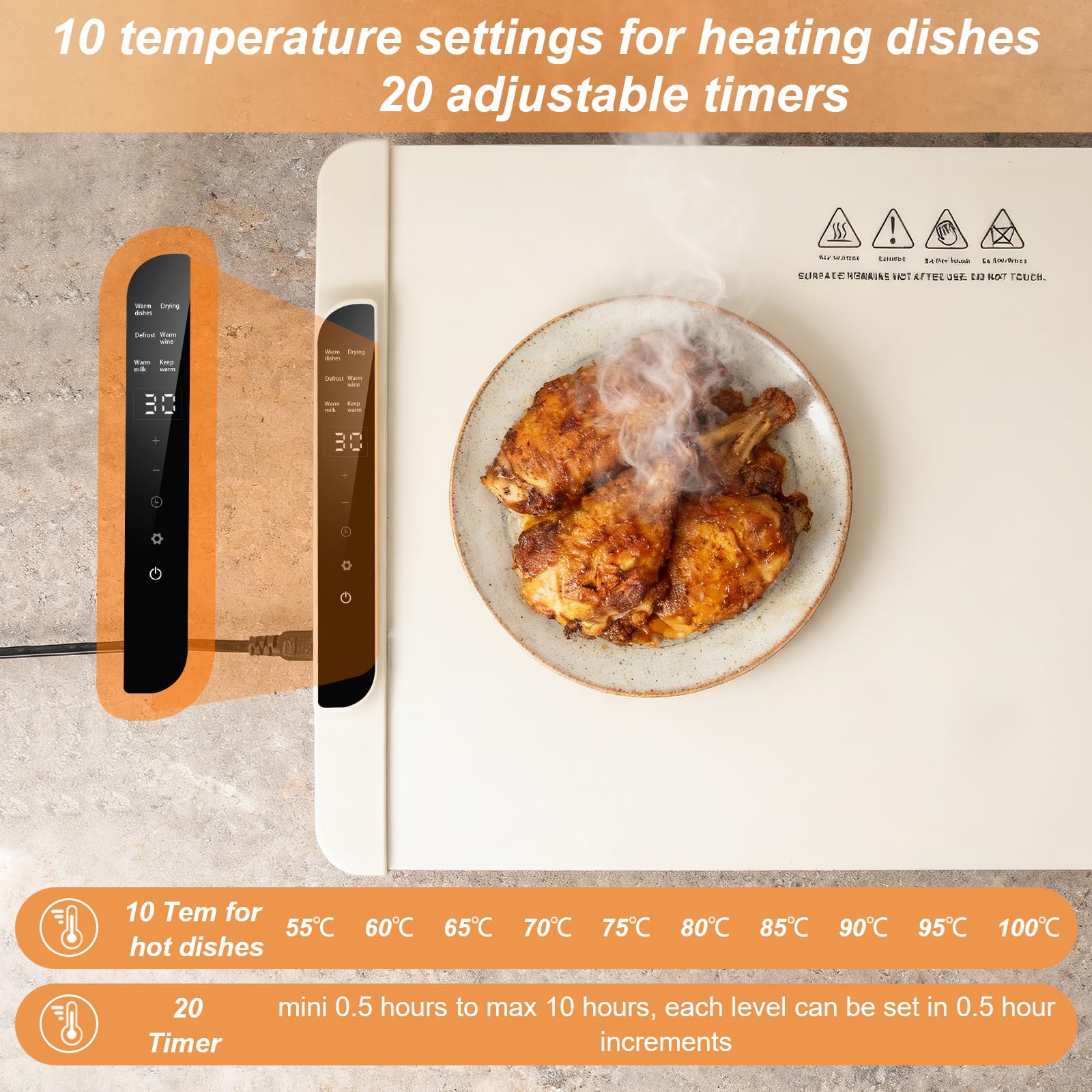 Warmhalteplatte faltbar elektrisch 65x38cm lebensmittelechtem Silikon bis 65°C Cremeweiß