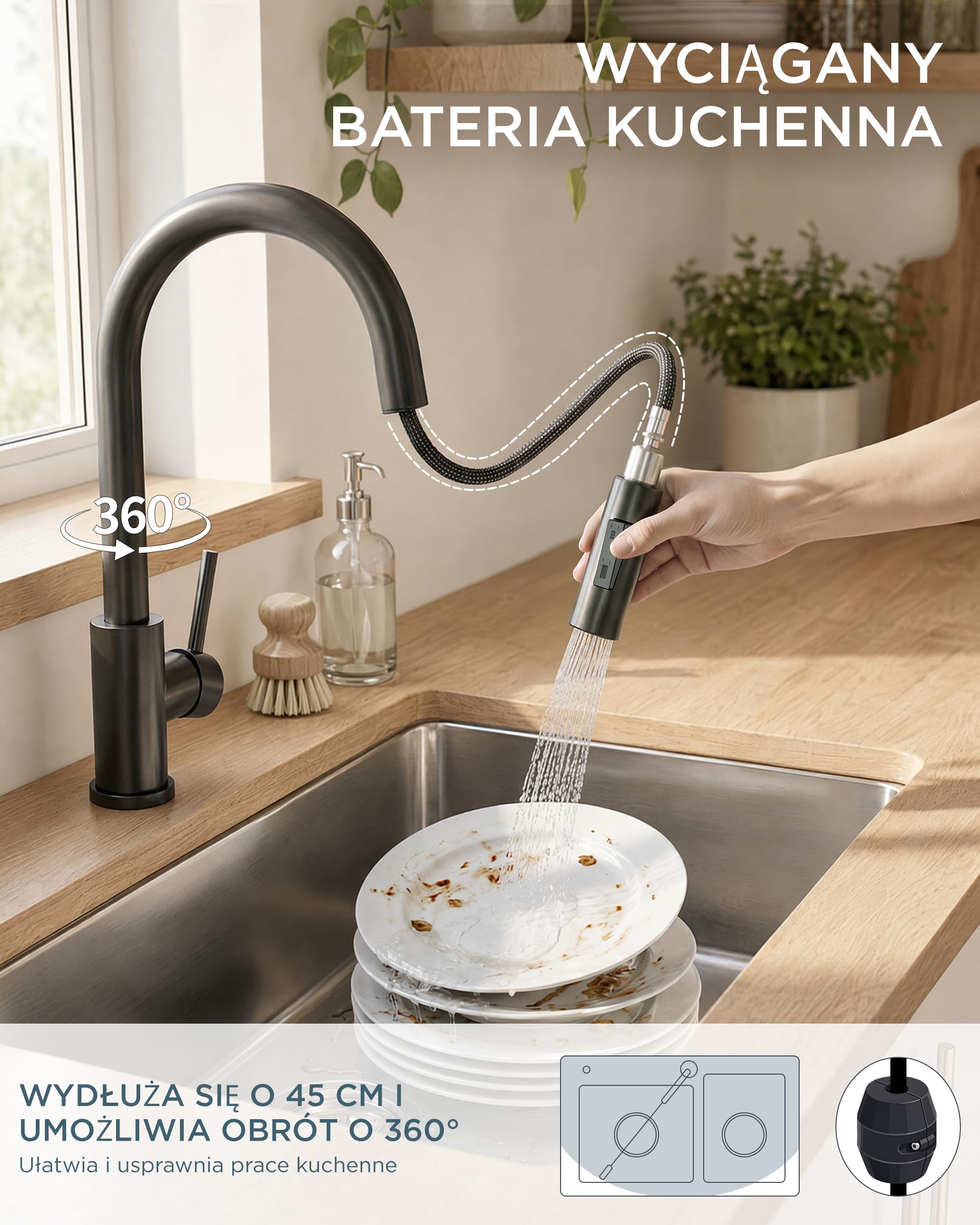 FORIOUS Bateria Kuchenna Niskociśnieniowa, Kran Kuchenny Z Wyciąganą Wylewką Z 2 Trybami Strumienia, Obrót 360°, Bateria Zlewozmywakowa, Łatwy Montaż, Czarny Matowy